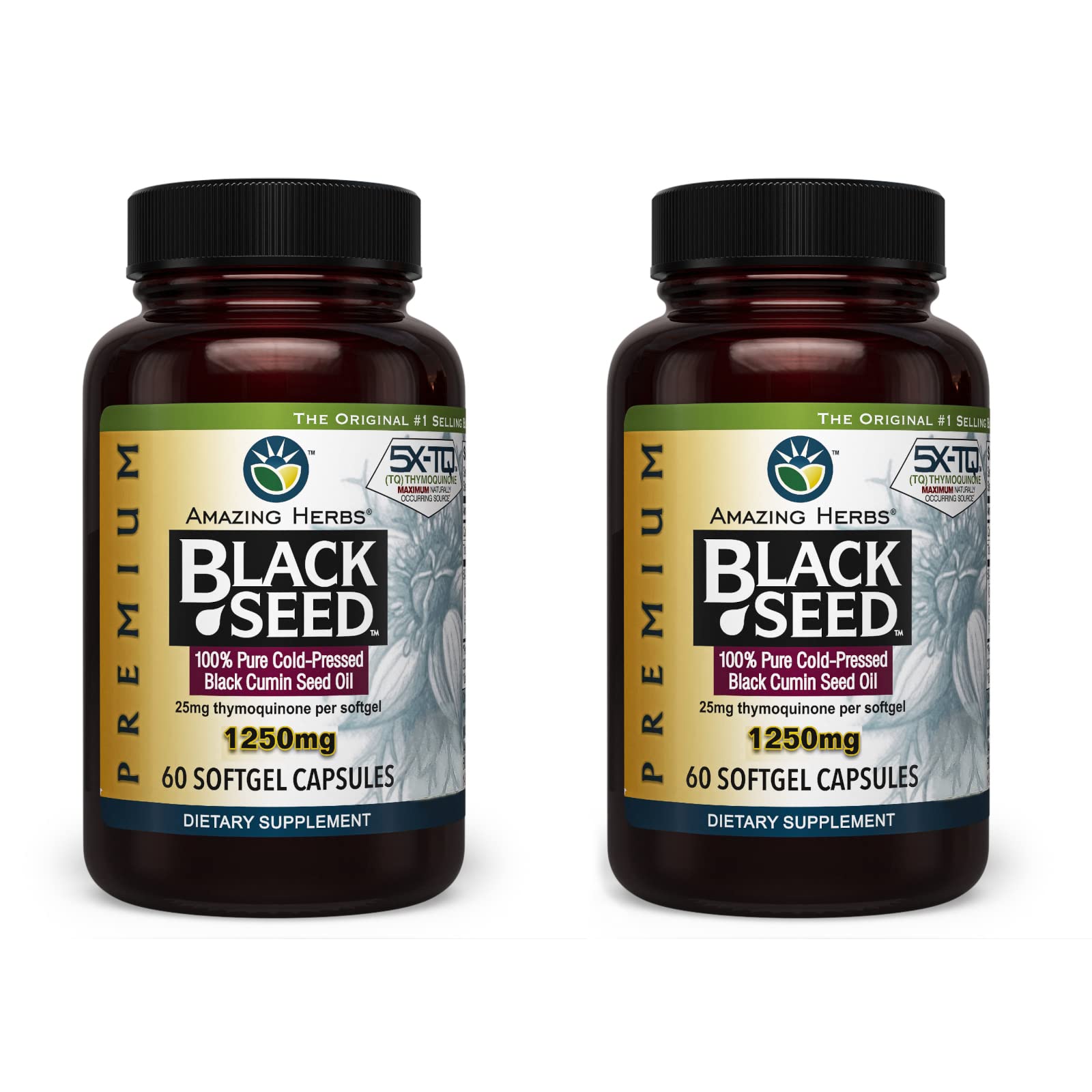 Amazing Herbs Premium Black Seed Oil Capsules - 1250mg, Cold-Pressed Nigella Sativa | Pack of 2 (60 Count Each)