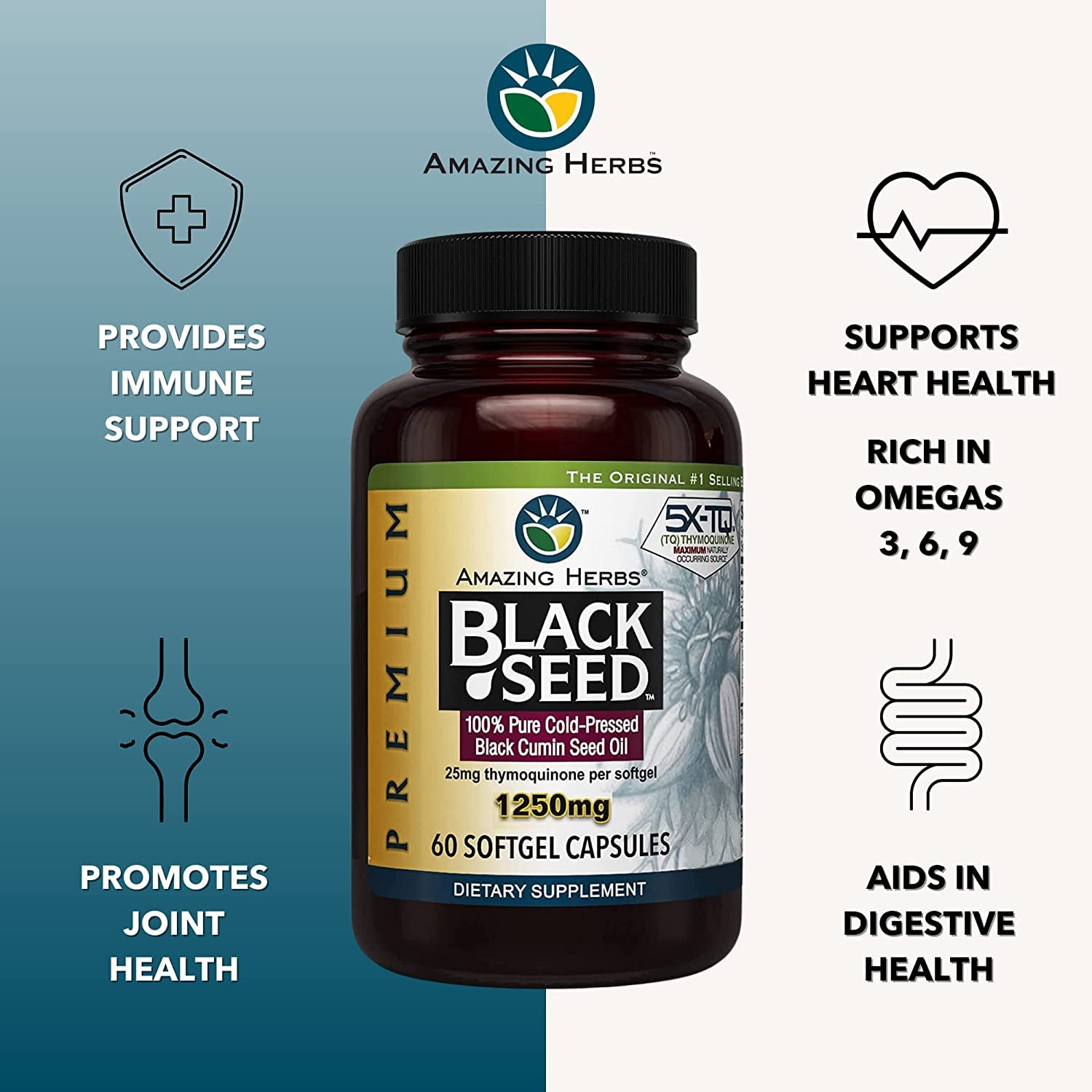 Amazing Herbs Premium Black Seed Oil Capsules 1250mg – Cold-Pressed Nigella Sativa – 60 Count (Pack of 3)