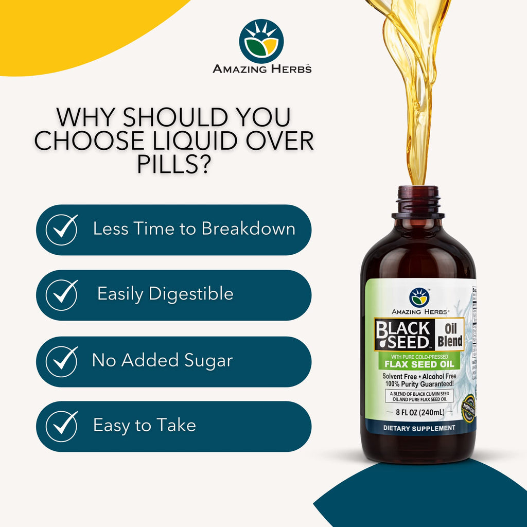 Amazing Herbs Cold-Pressed Black Seed & Flax Seed Oil Blend - Gluten-Free, Non-GMO, High in Omega 3-6-9 - Supports Joint, Brain, and Heart Function - 8 oz