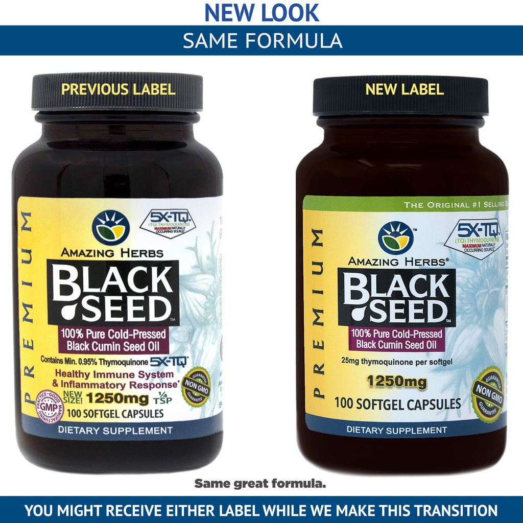 Amazing Herbs Black Seed Oil Pills 1250mg | 100 Softgel Capsules | Cold-Pressed, Non-GMO