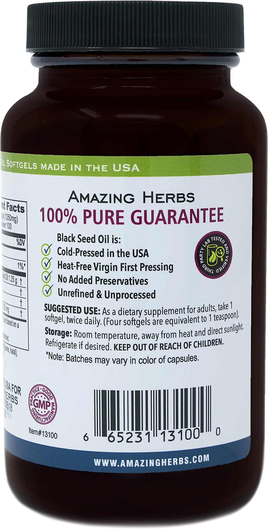 Amazing Herbs Black Seed Oil Pills 1250mg | 100 Softgel Capsules | Cold-Pressed, Non-GMO