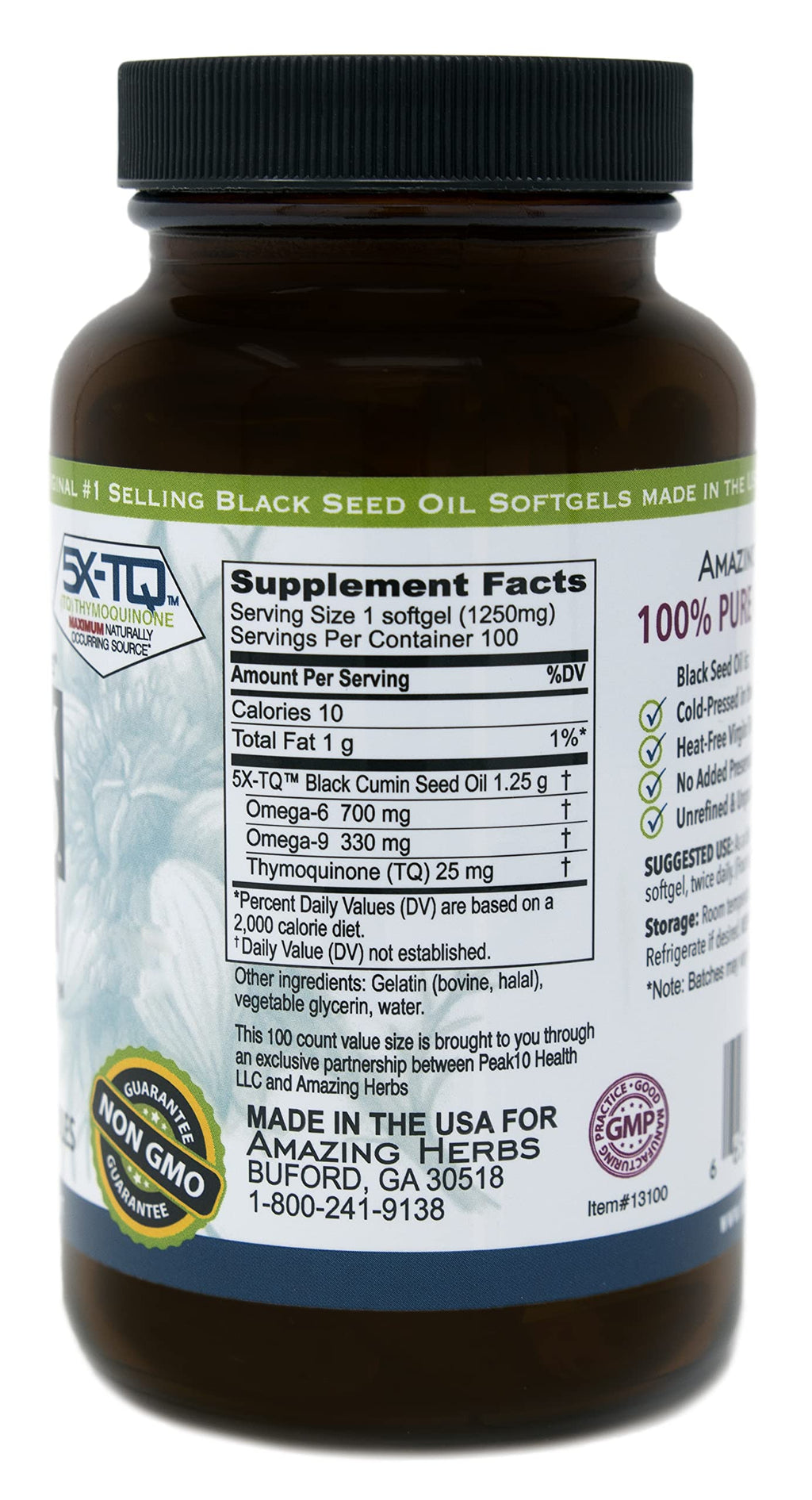 Amazing Herbs Black Seed Oil Pills 1250mg | 100 Softgel Capsules | Cold-Pressed, Non-GMO