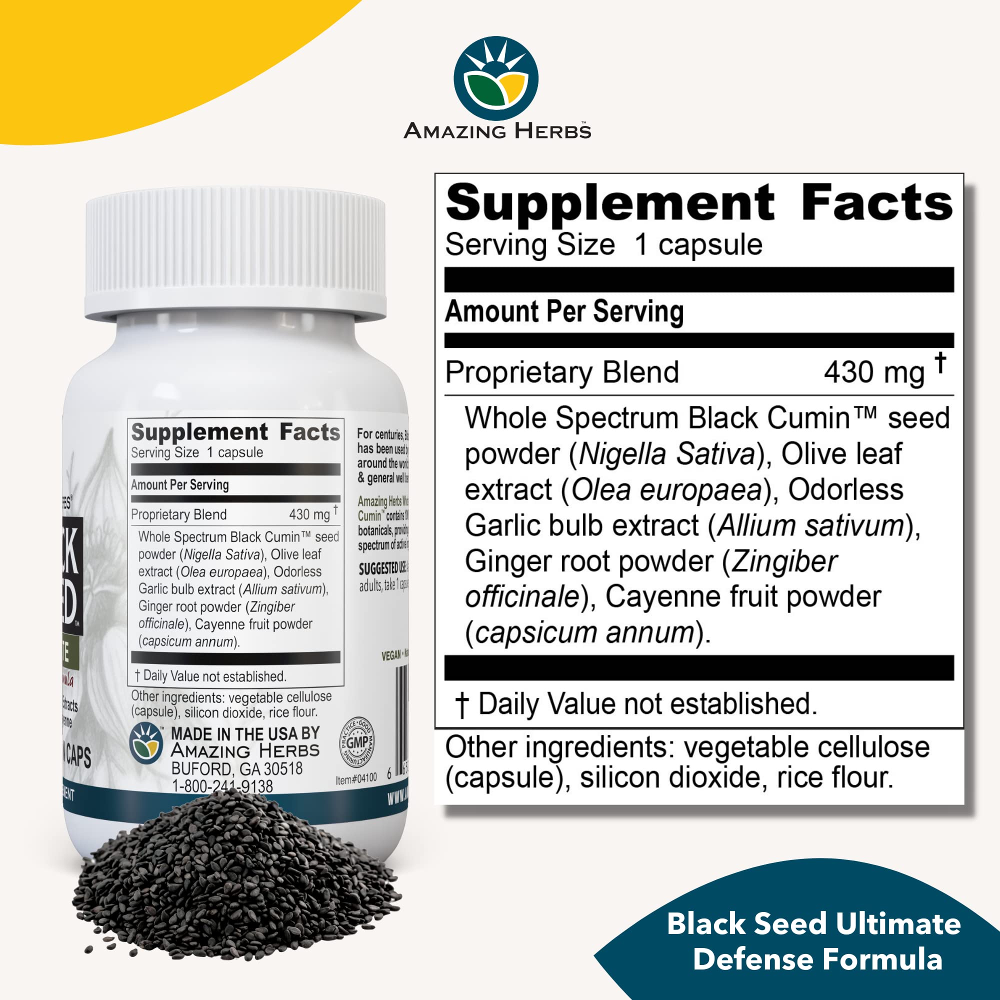 Amazing Herbs Whole Spectrum Black Seed Ultimate – Vegetarian Capsules (Olive Leaf, Garlic, Ginger, Cayenne) – Gluten Free & Vegan – 100 Count