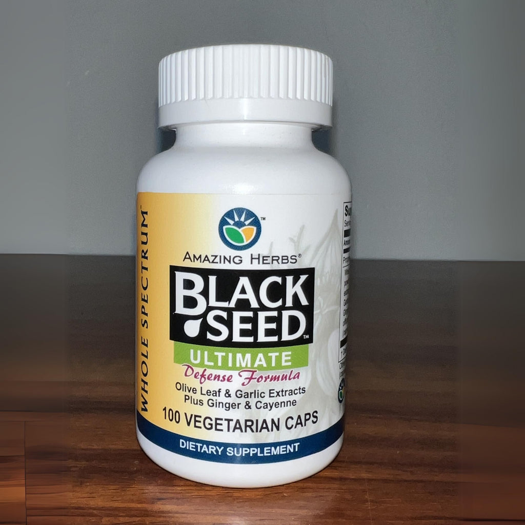Amazing Herbs Whole Spectrum Black Seed Ultimate – Vegetarian Capsules (Olive Leaf, Garlic, Ginger, Cayenne) – Gluten Free & Vegan – 100 Count