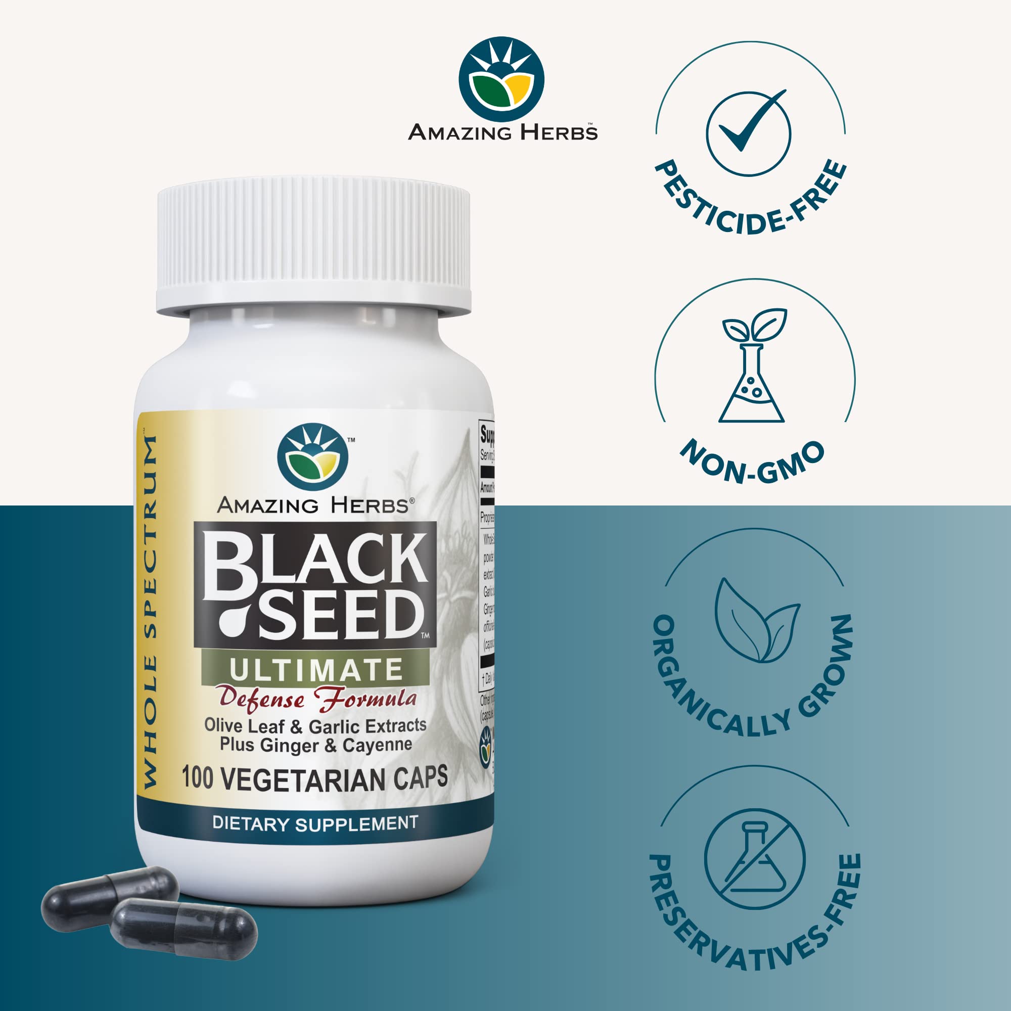 Amazing Herbs Black Seed Ultimate - Vegan Capsules with Olive Leaf & Cayenne | 100 Count