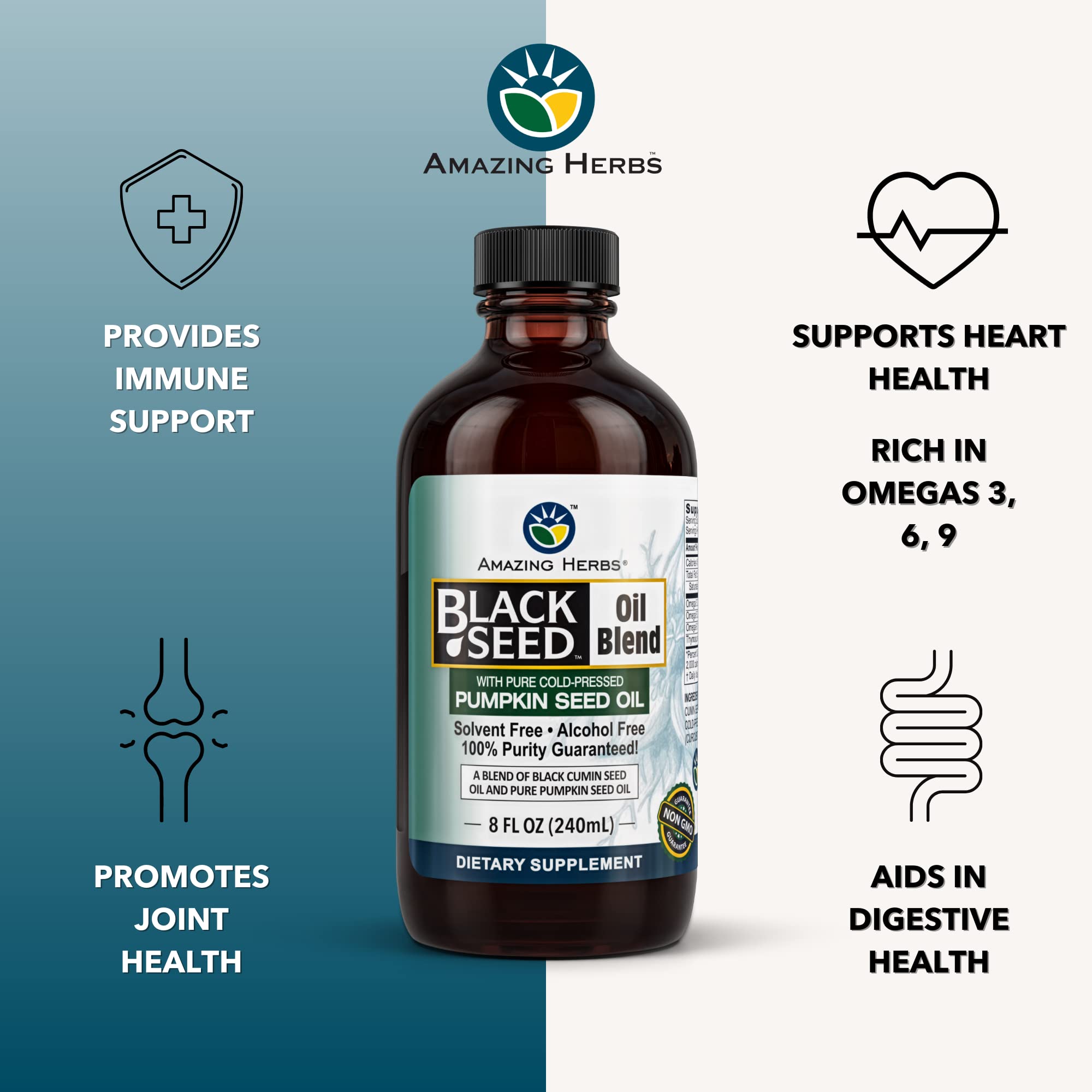 Amazing Herbs Black Seed & Pumpkin Seed Oil Blend – Cold-Pressed, Gluten-Free & No Preservatives | Omega 3-6-9 (8 fl oz)