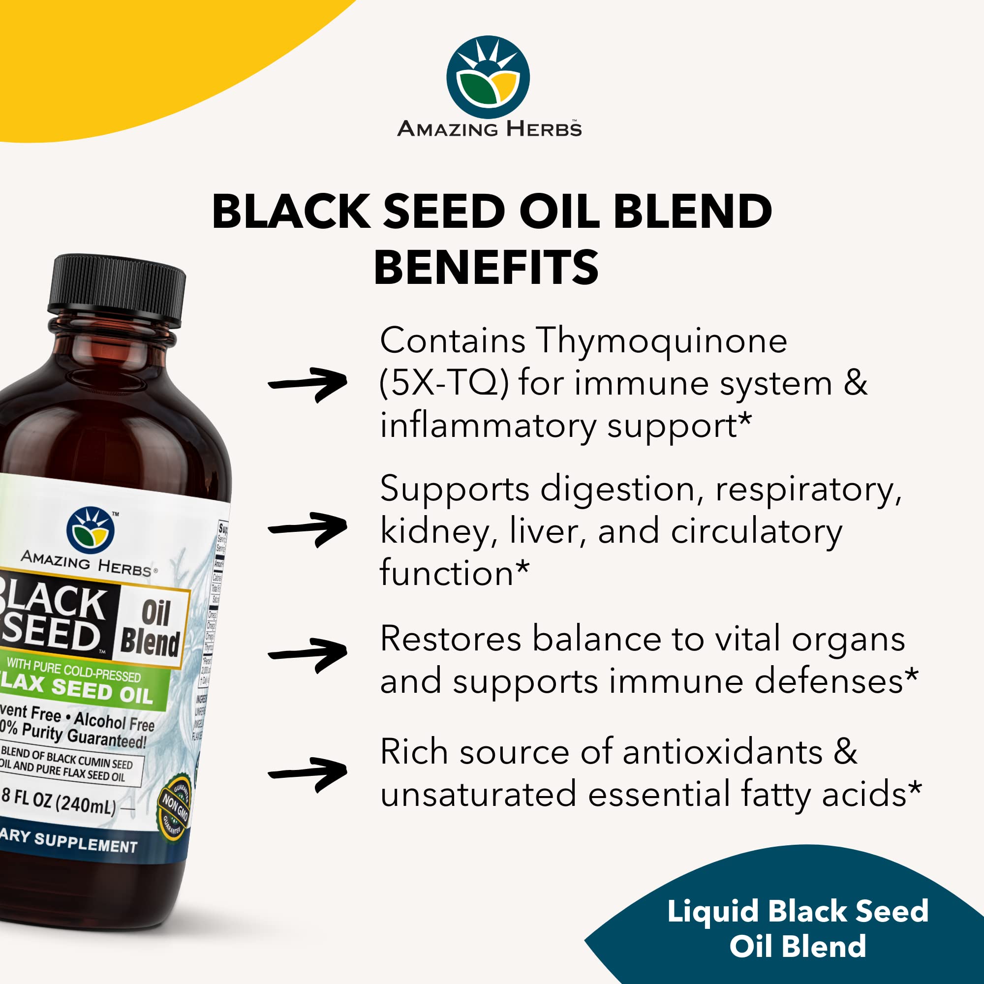 Amazing Herbs Cold-Pressed Black Seed & Flax Seed Oil Blend - Gluten-Free, Non-GMO, High in Omega 3-6-9 - Supports Joint, Brain, and Heart Function - 8 oz