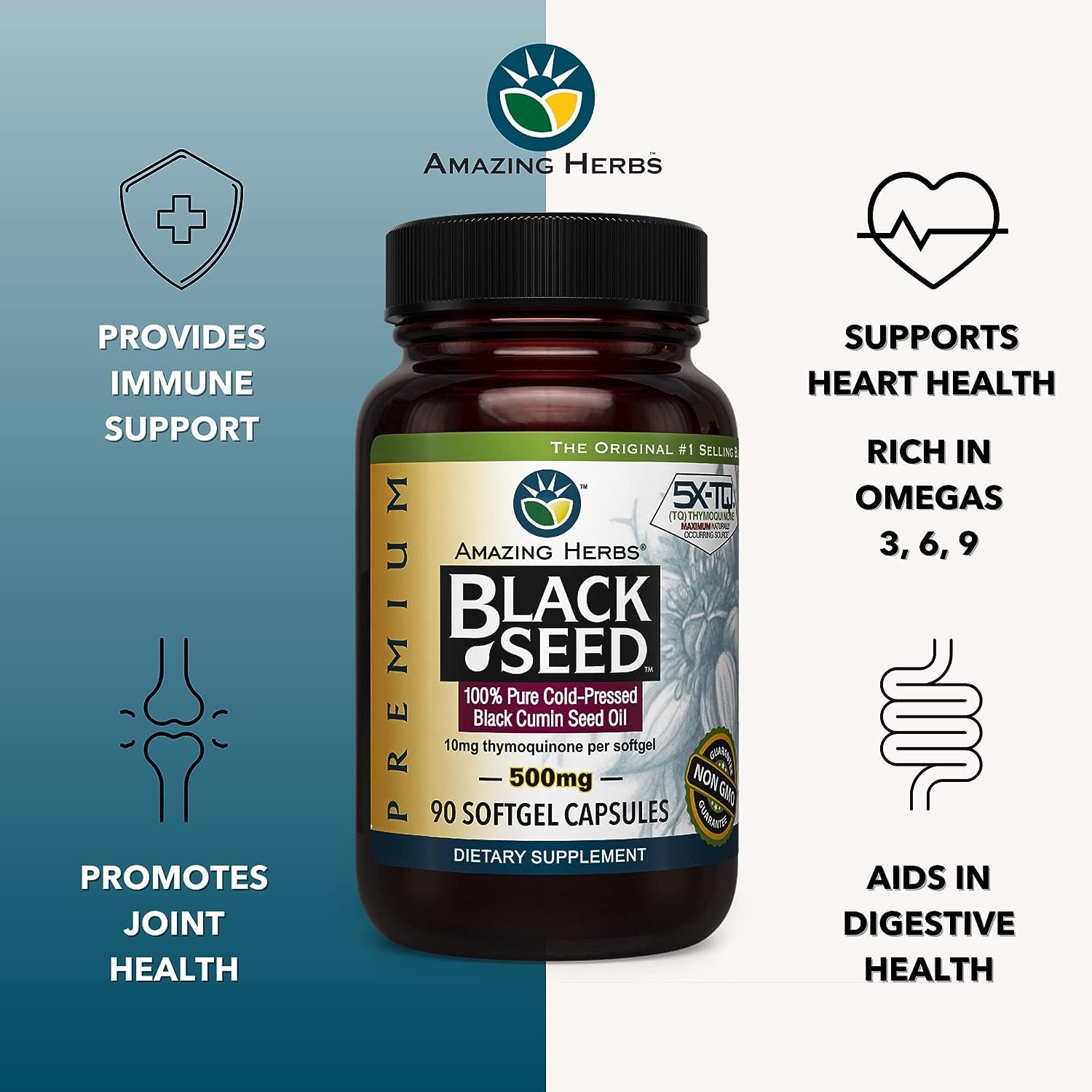 Amazing Herbs Premium Black Seed Oil Capsules – 90 Count x 2, 500mg, Gluten Free & Non-GMO