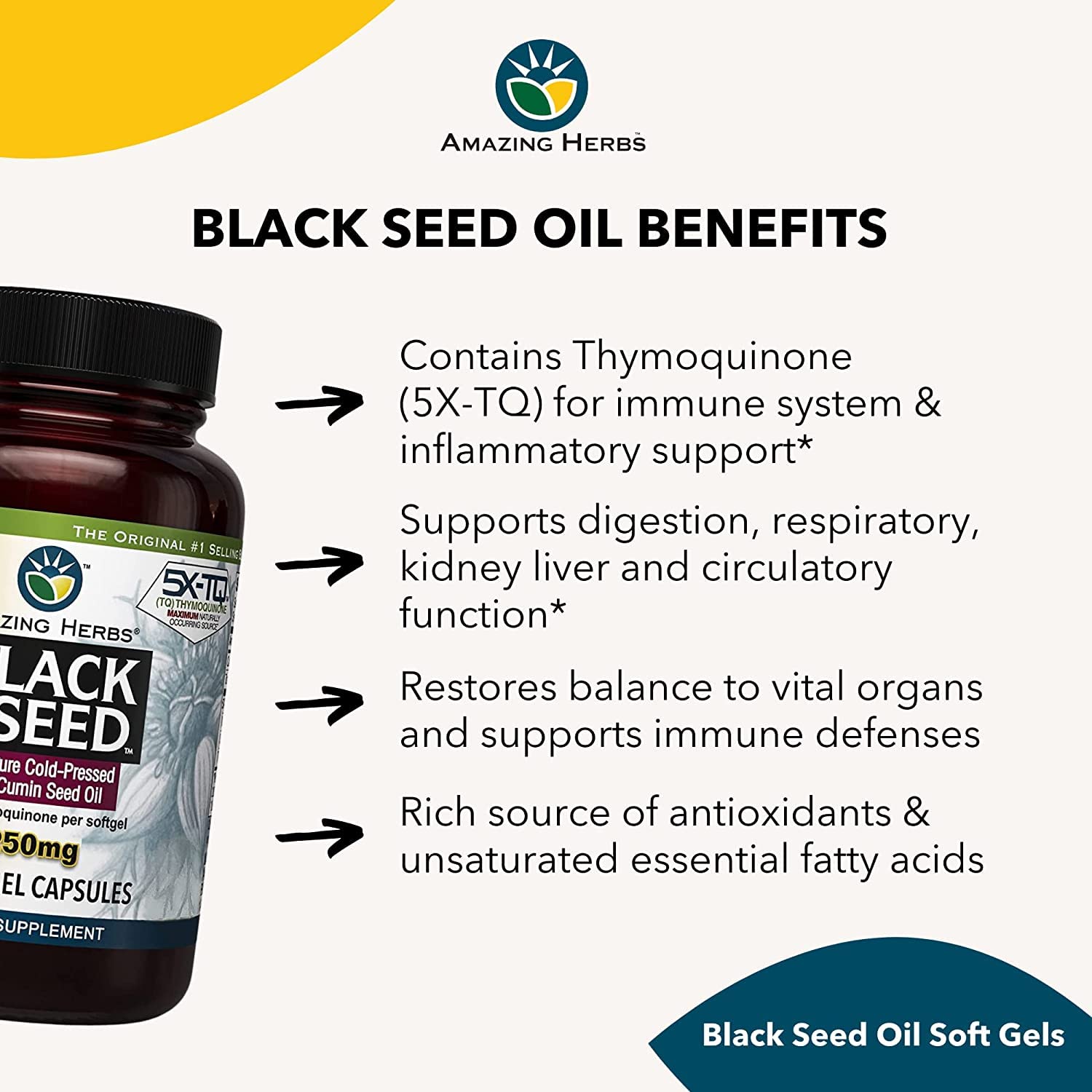 Amazing Herbs Premium Black Seed Oil Capsules 1250mg – Cold-Pressed Nigella Sativa – 60 Count (Pack of 3)