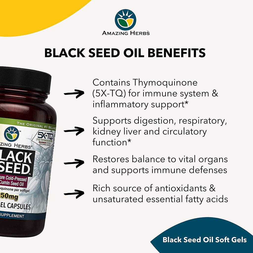 Amazing Herbs Premium Black Seed Oil Capsules - 1250mg, Cold-Pressed Nigella Sativa | Pack of 2 (60 Count Each)