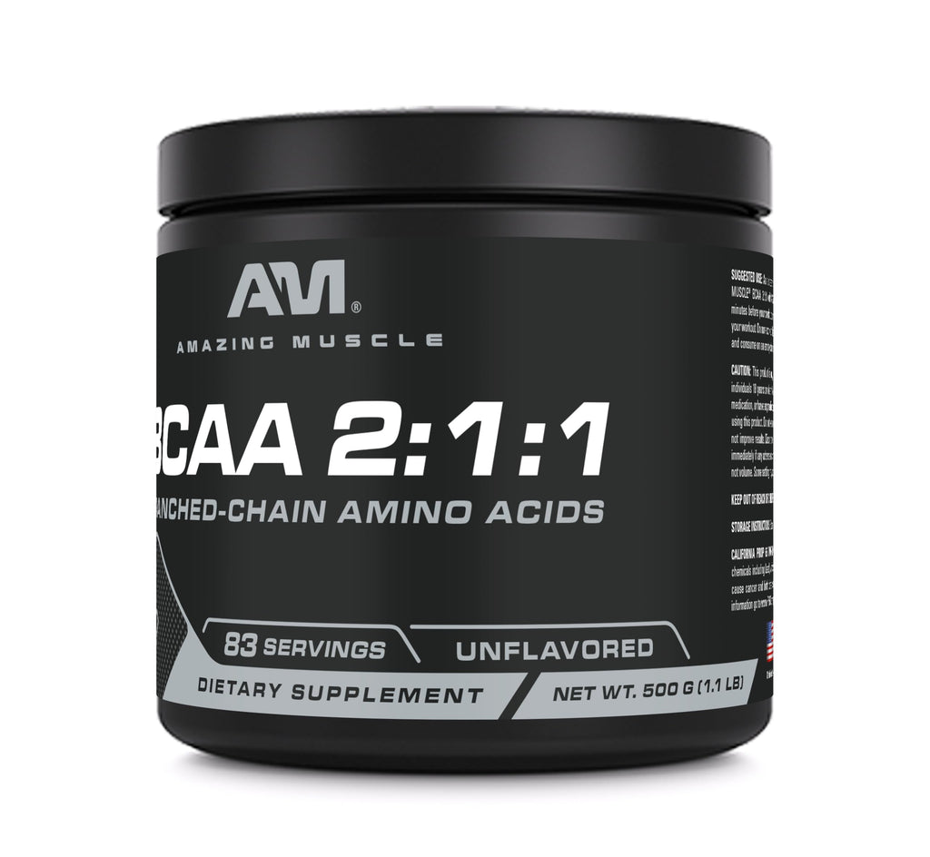 Amazing Muscle BCAA Amino Supplement | 2:1:1 BCAA Ratio | Unflavored | 500g | Non-GMO | Gluten-Free | Made in USA