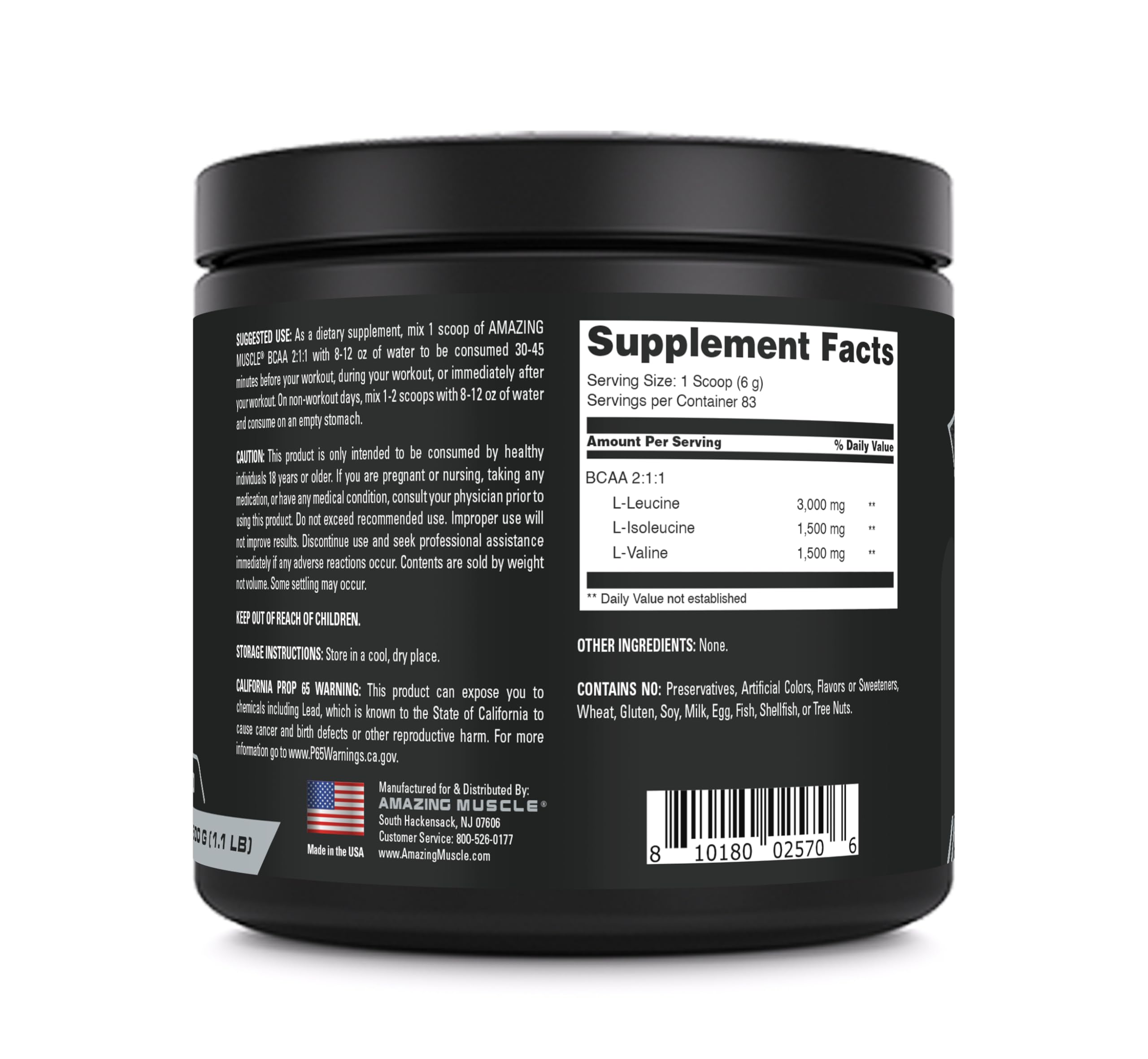 Amazing Muscle BCAA Amino Supplement | 2:1:1 BCAA Ratio | Unflavored | 500g | Non-GMO | Gluten-Free | Made in USA
