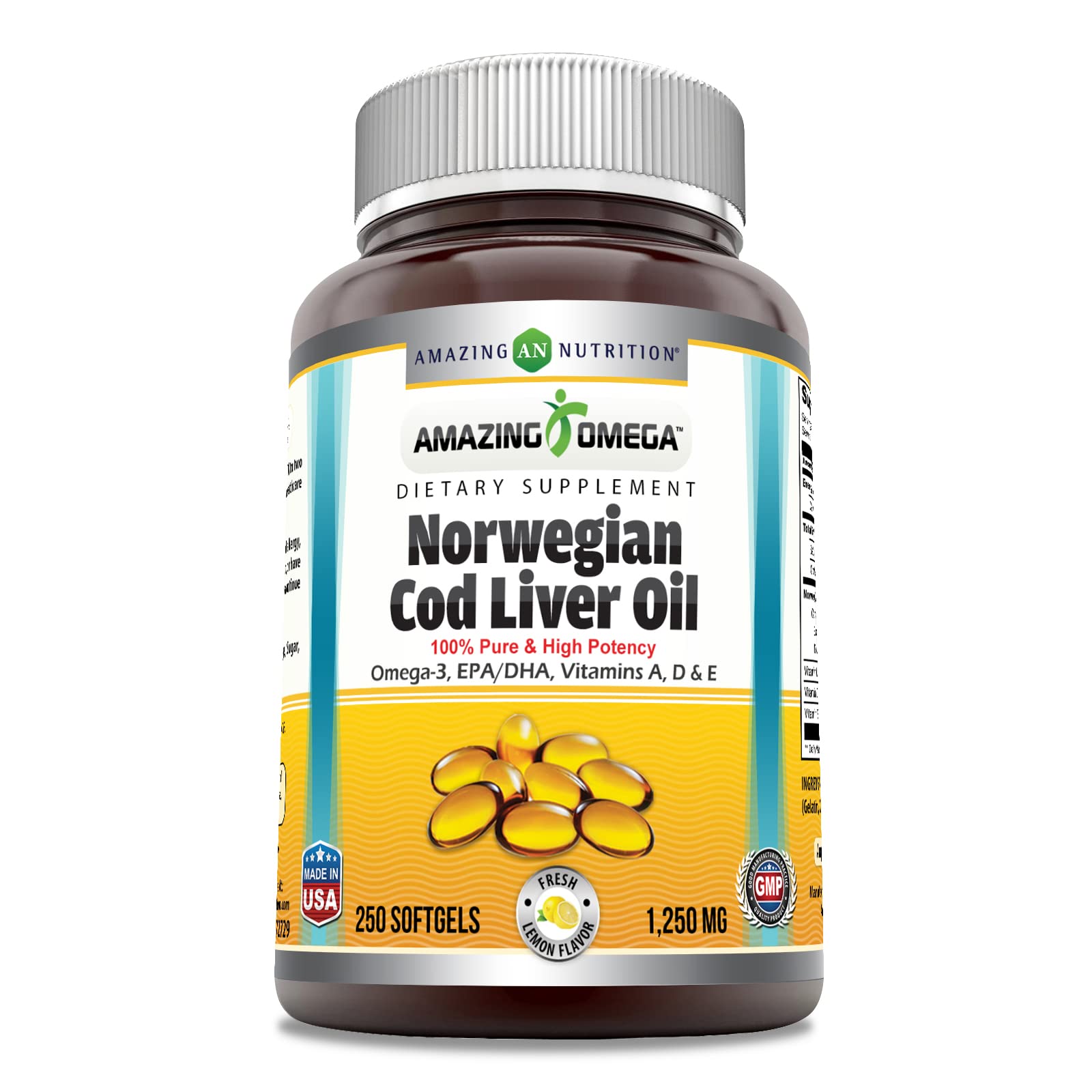 Amazing Omega Norwegian Cod Liver Oil 1250 mg Softgels – Omega-3 EPA/DHA + Vitamins A, D & E (Orange, 250 Count) | Amazing Nutrition