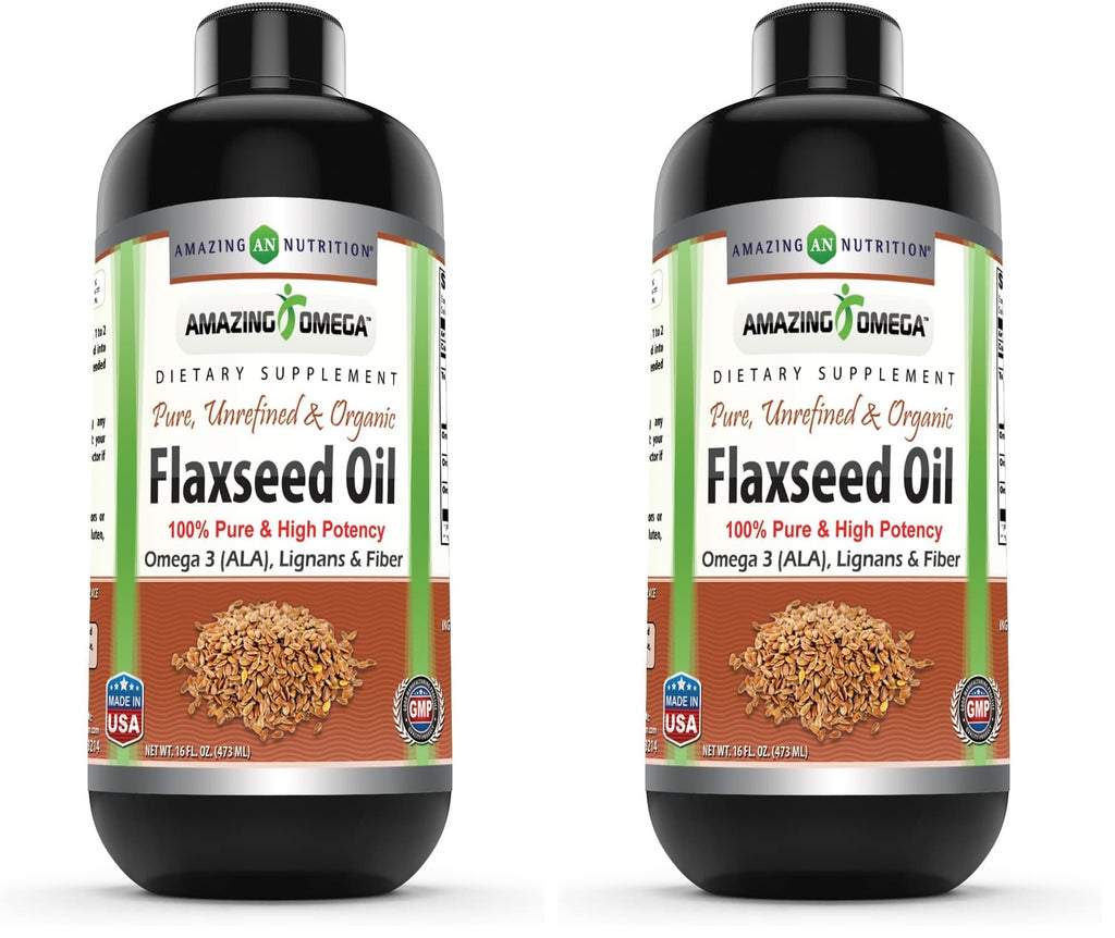 Amazing Omega Flaxseed Oil Supplement | Omega 3, Lignans & Fiber | 16 Oz | Non-GMO | Gluten Free | Made in USA (Pack of 2)