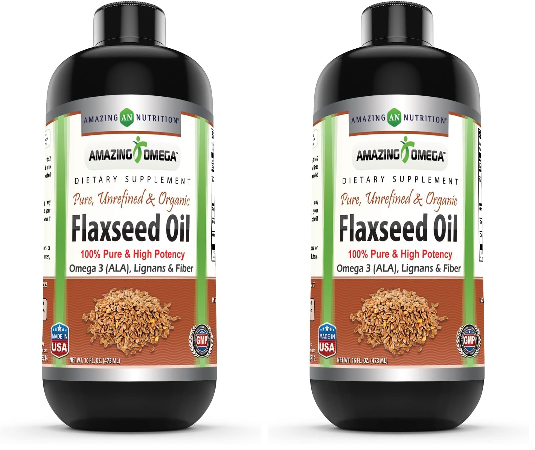 Amazing Omega Flaxseed Oil Supplement | Omega 3, Lignans & Fiber | 16 Oz | Non-GMO | Gluten Free | Made in USA (Pack of 2)