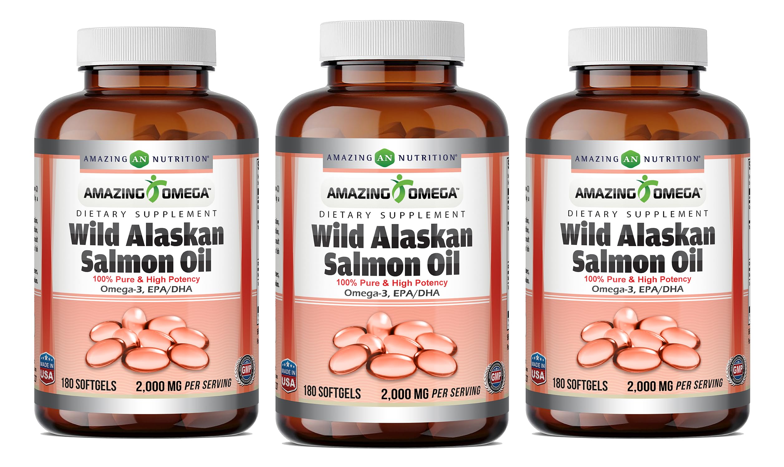 Amazing Omega Wild Alaskan Salmon Oil 2000 mg | Softgels | Non-GMO & Gluten-Free | Made in USA