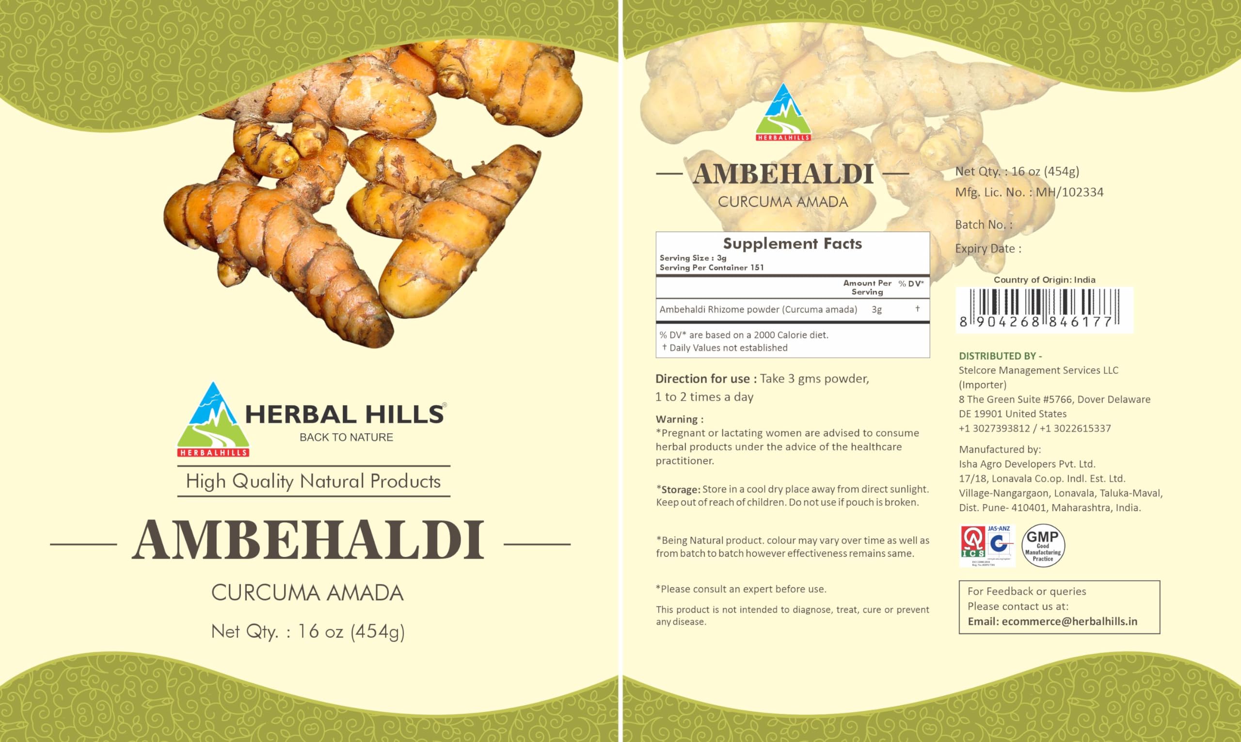 HERBAL HILLS Ambehaldi Powder Turmeric Powder 16 Oz (454 g) | Ambe Haldi, Curcuma Amada, Curcuma Longa, Turmeric Curcumin