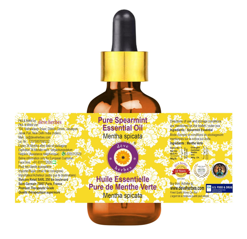 Deve Herbes Pure Spearmint Essential Oil – Steam-Distilled 5ml (Mentha spicata) with Glass Dropper