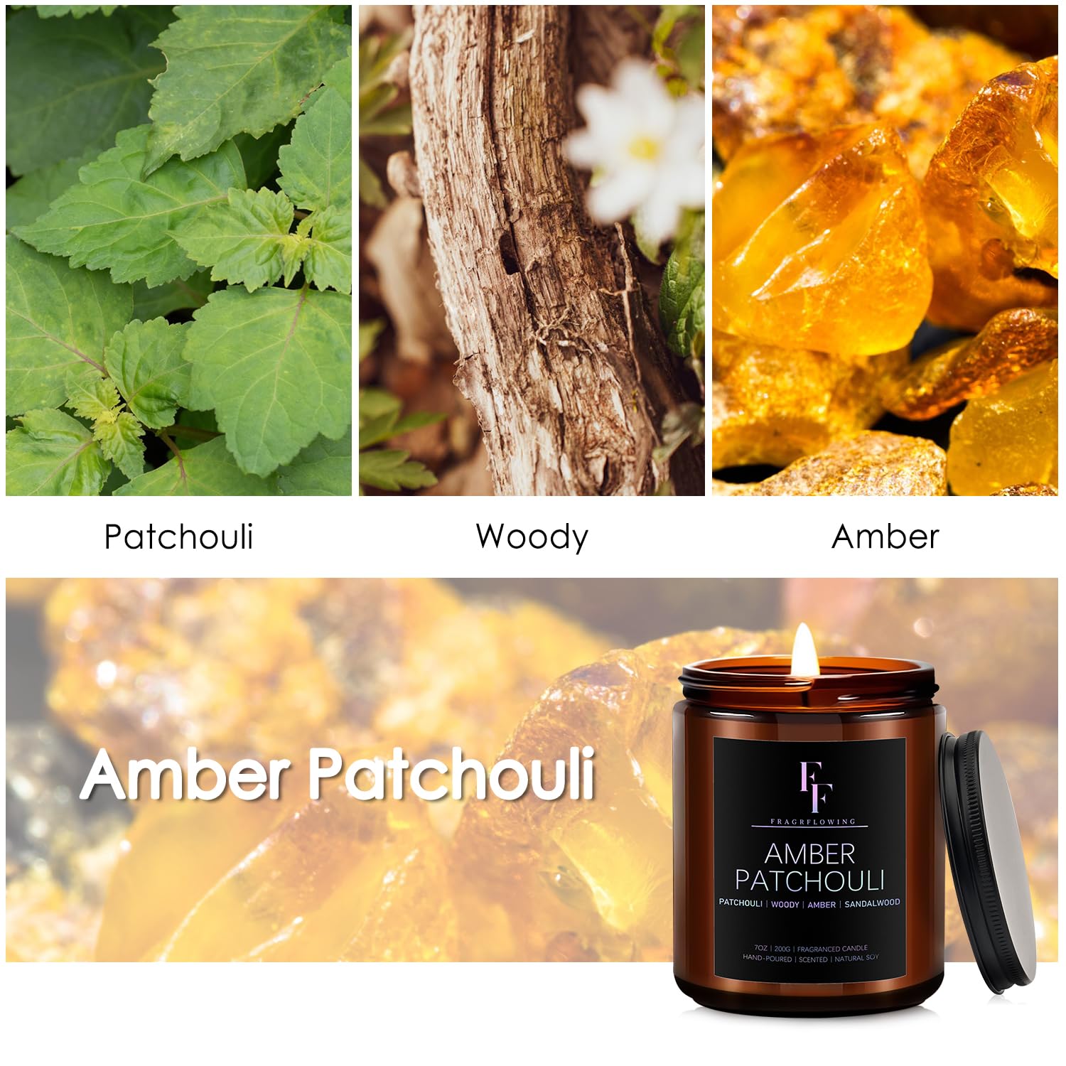 Amber Patchouli Scented Candles | Soy Wax Jar 7oz – Aromatherapy Gift