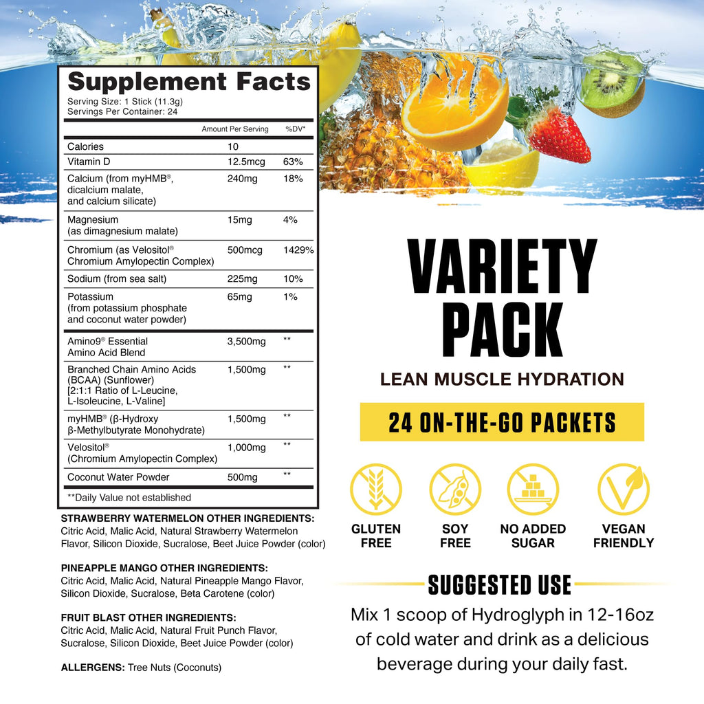 Ambrosia Hydroglyph Intraworkout Electrolytes | Sugar Free Hydration Powder with Amino Acids – 30 Servings Variety Pack