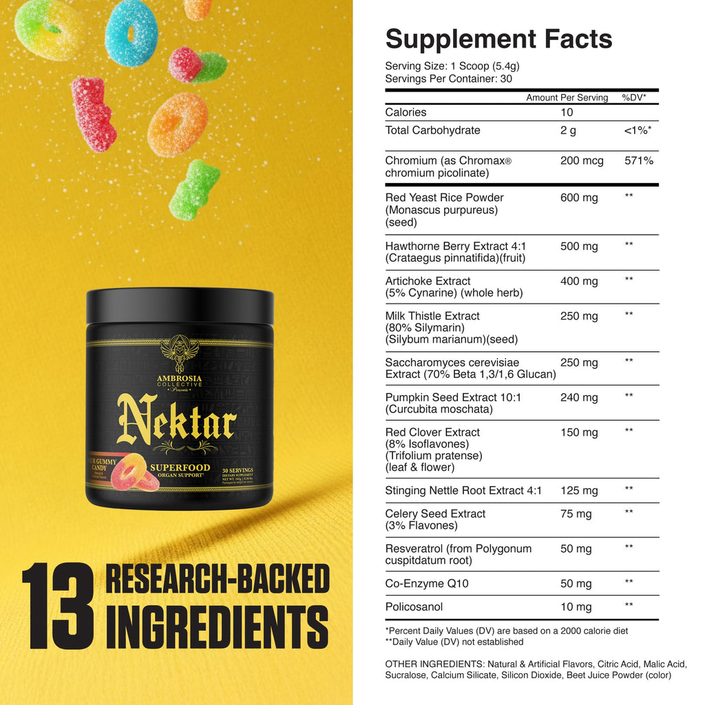 Ambrosia Nektar - Superfood Powder for Daily Organ Support | 30 Servings | Sour Gummy Candy