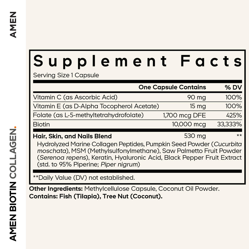 Amen Biotin Collagen Vitamins+ 10,000 mcg Biotin Supplement – 3-Month Supply | Hydrolyzed Collagen, Vitamins C & E