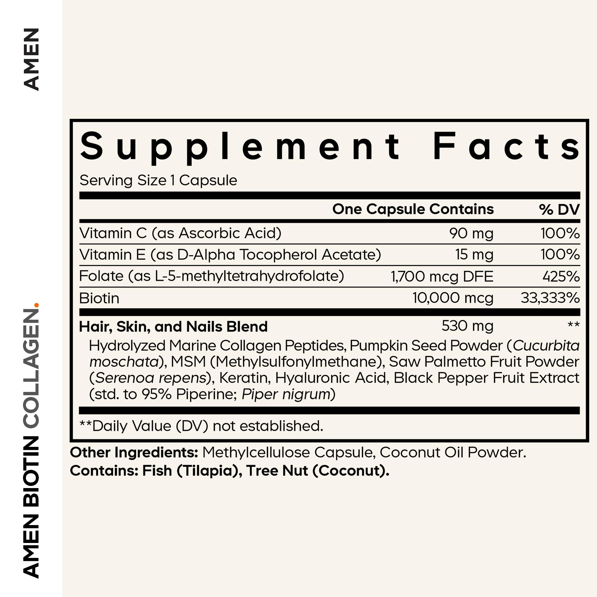 Amen Biotin Collagen Vitamins+ 10,000 mcg Biotin Supplement – 3-Month Supply | Hydrolyzed Collagen, Vitamins C & E