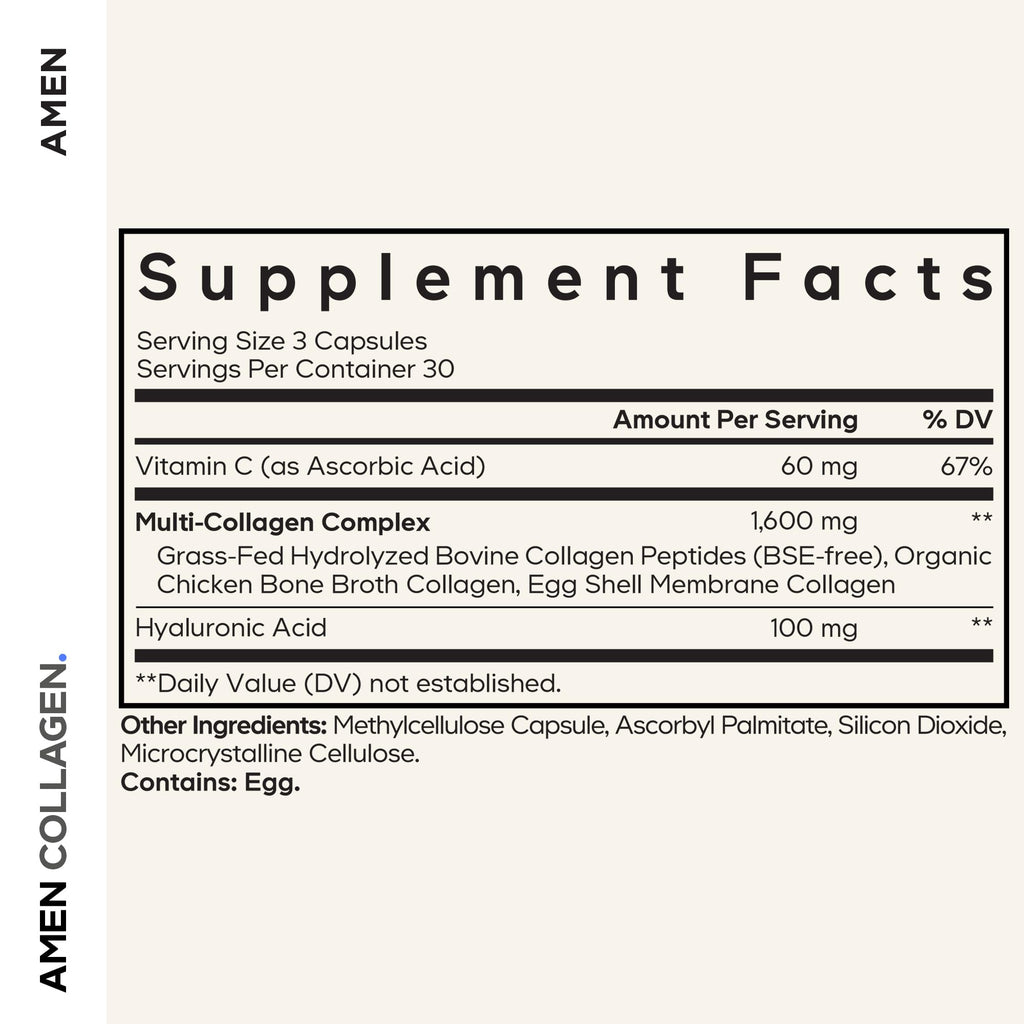 Amen Multi Collagen Peptides Capsules | 5 Types I-II-III-V-X + Hyaluronic Acid & Vitamin C | Grass-Fed, 90 Capsules