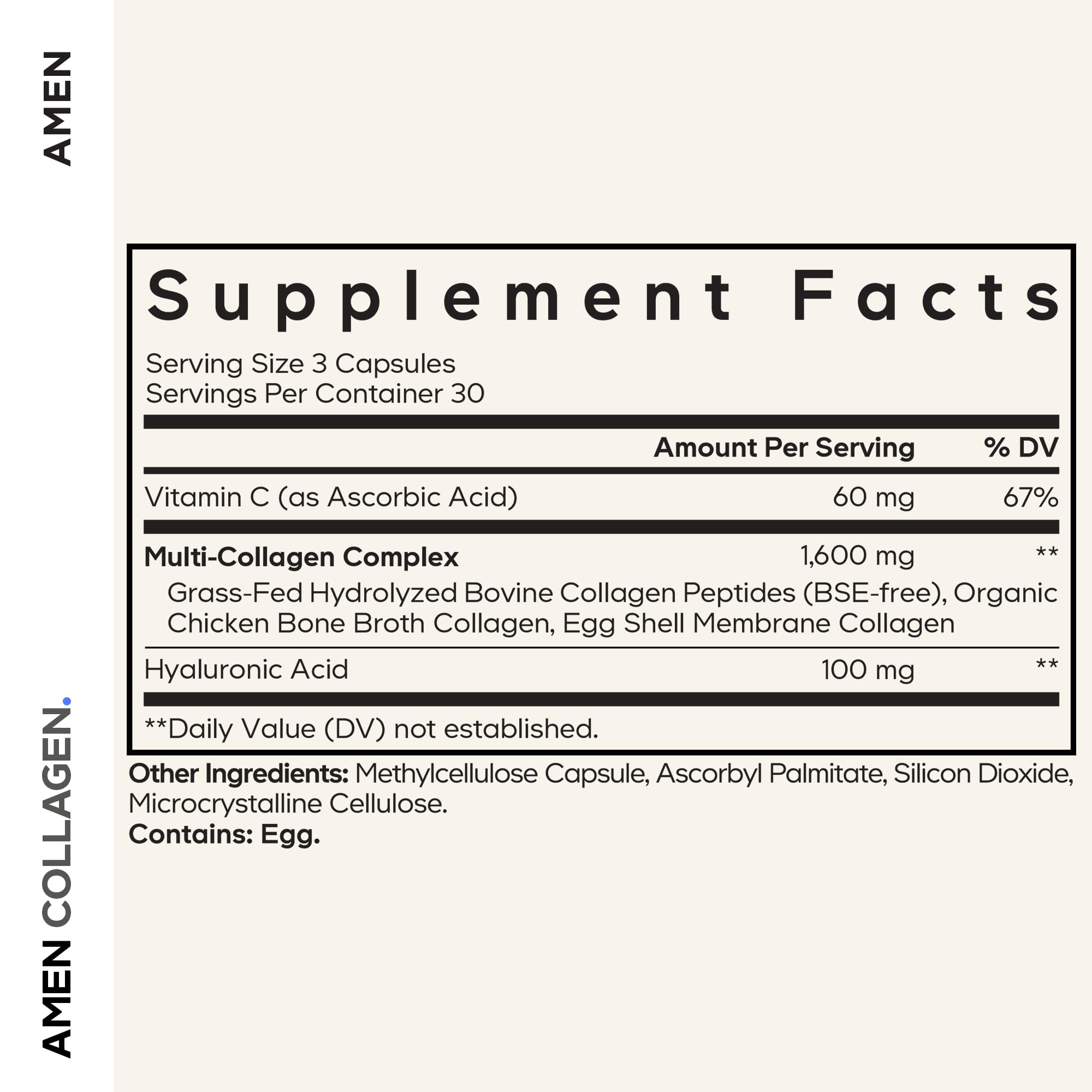 Amen Multi Collagen Peptides Capsules | 5 Types I-II-III-V-X + Hyaluronic Acid & Vitamin C | Grass-Fed, 90 Capsules