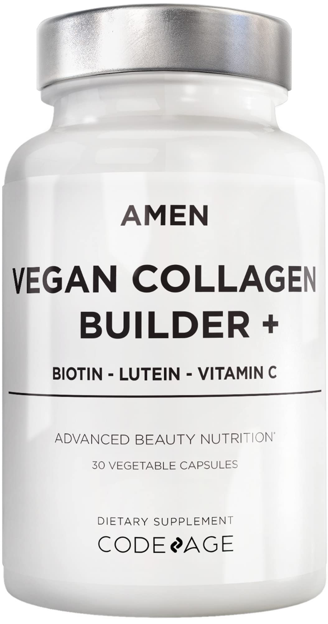 Amen Plant-Based Vegan Collagen Builder – Organic Whole Foods, Vitamin C, Biotin, Lutein | 30 Capsules