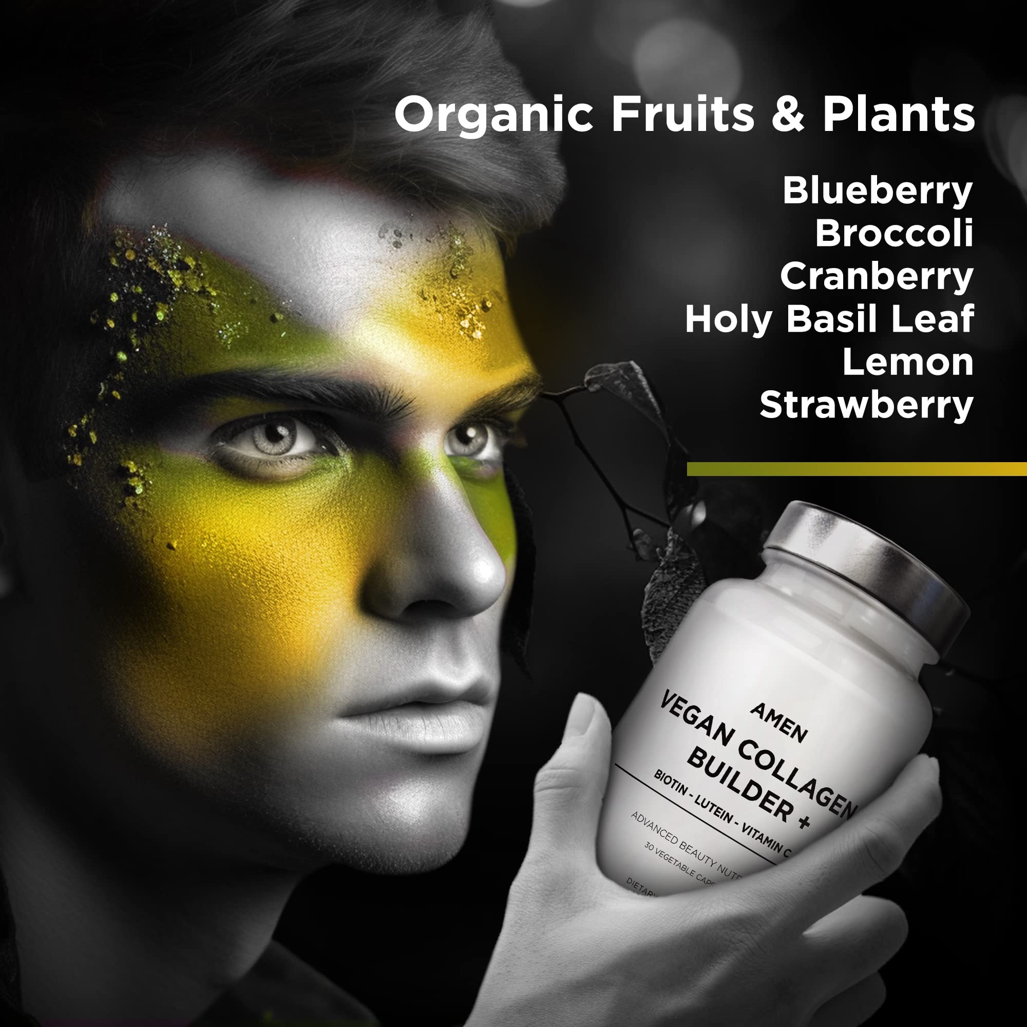 Amen Plant-Based Vegan Collagen Builder – Organic Whole Foods, Vitamin C, Biotin, Lutein | 30 Capsules