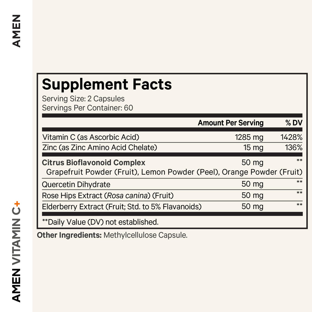 Amen Vitamin C+ with Zinc, Bioflavonoids, Quercetin, Rose Hips & Elderberry – Vegan, Non-GMO – 2 Months Supply (120 Capsules)