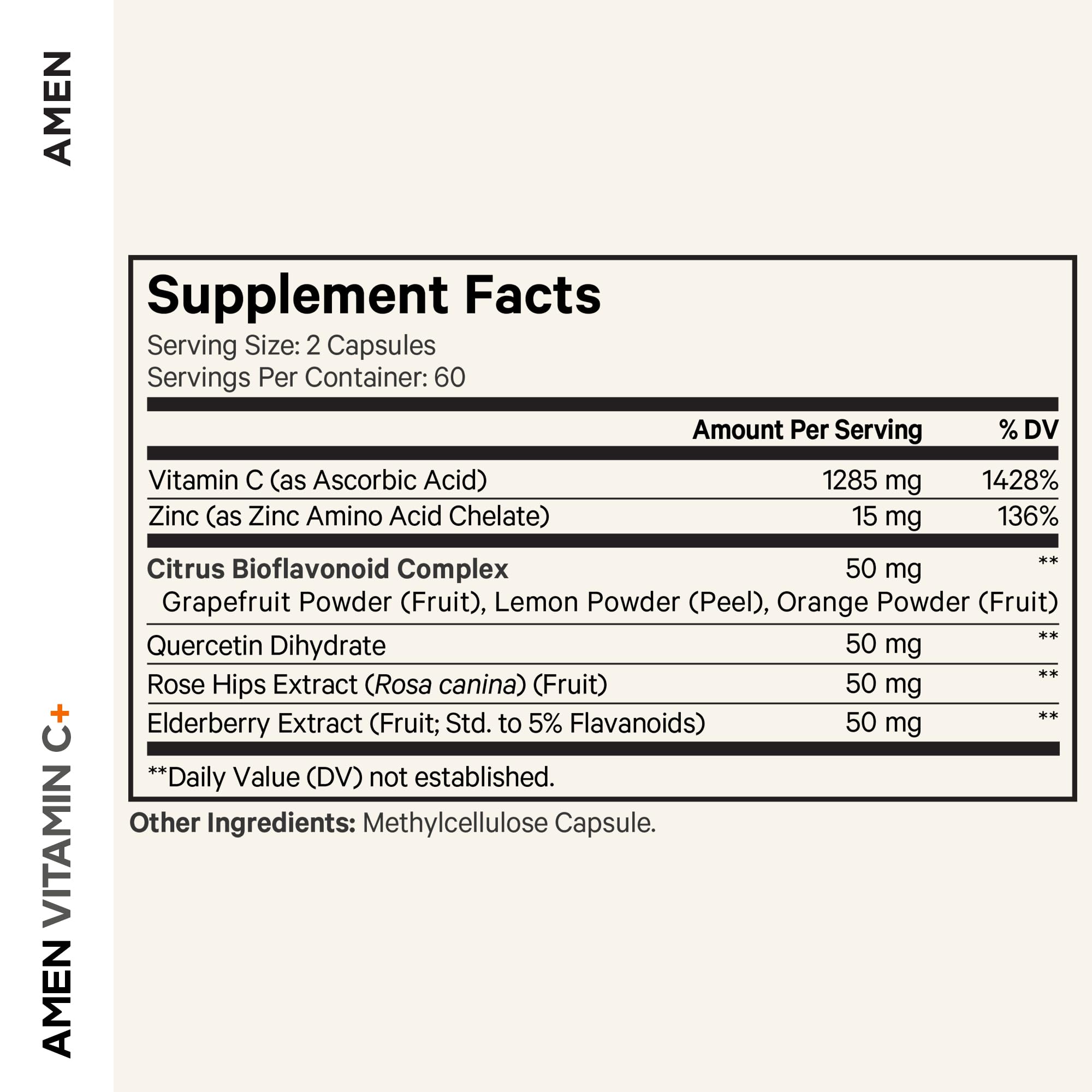 Amen Vitamin C+ with Zinc, Bioflavonoids, Quercetin, Rose Hips & Elderberry – Vegan, Non-GMO – 2 Months Supply (120 Capsules)