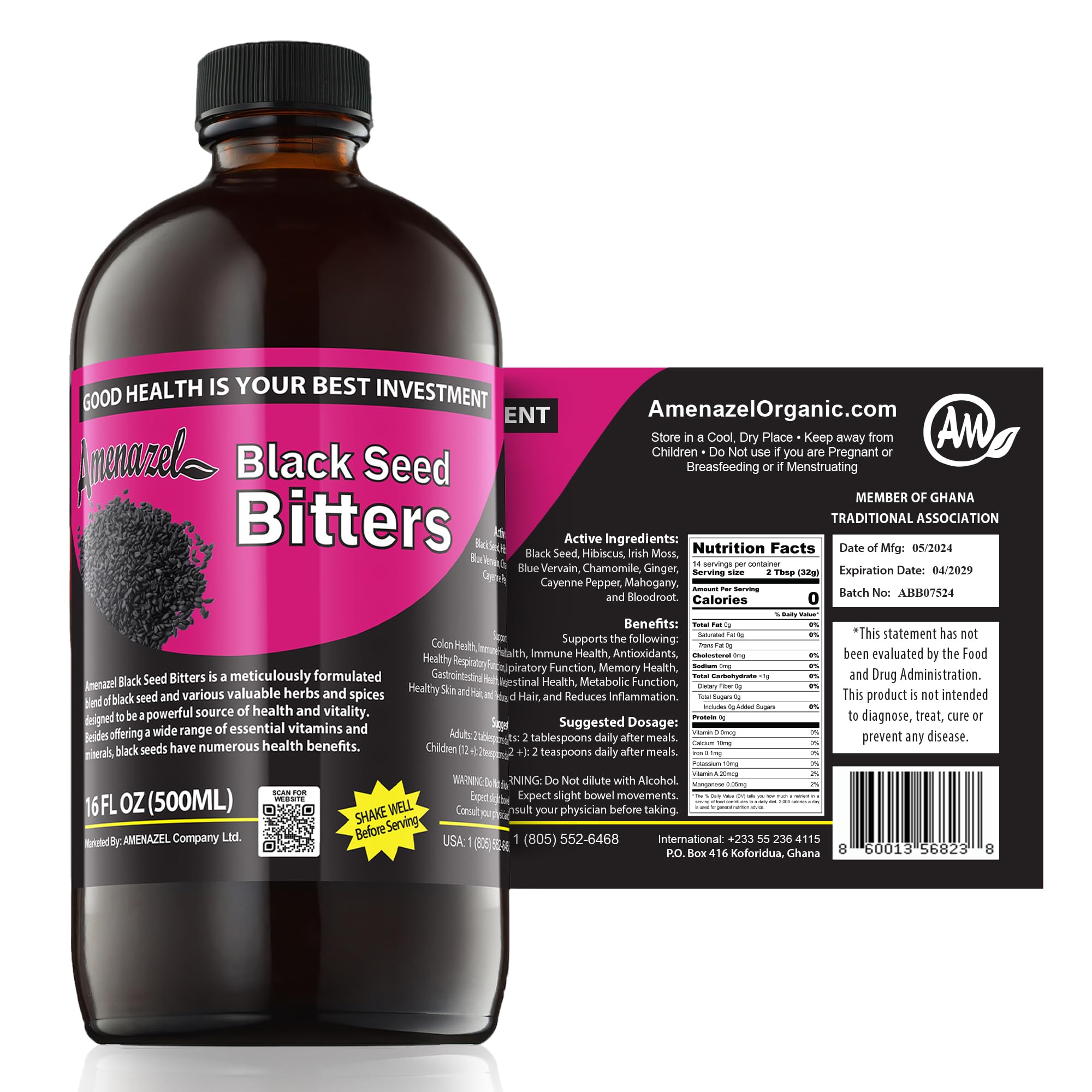 Amenazel Organic Black Seed Bitters - 16 fl oz | Immune Support & Digestive Cleansing