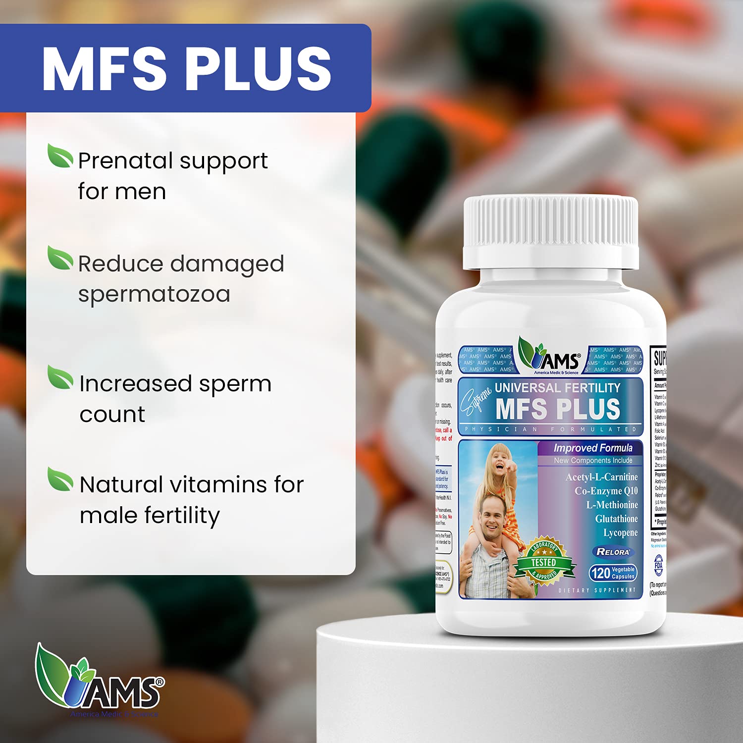 America Medic & Science MFS Plus Fertility Supplements for Men (120 Capsules) – Supports Sperm Motility & Count, Zinc & CoQ10