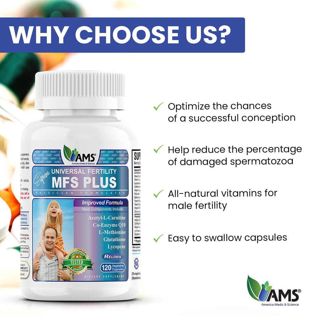 America Medic & Science MFS Plus Fertility Supplements for Men (120 Capsules) – Supports Sperm Motility & Count, Zinc & CoQ10