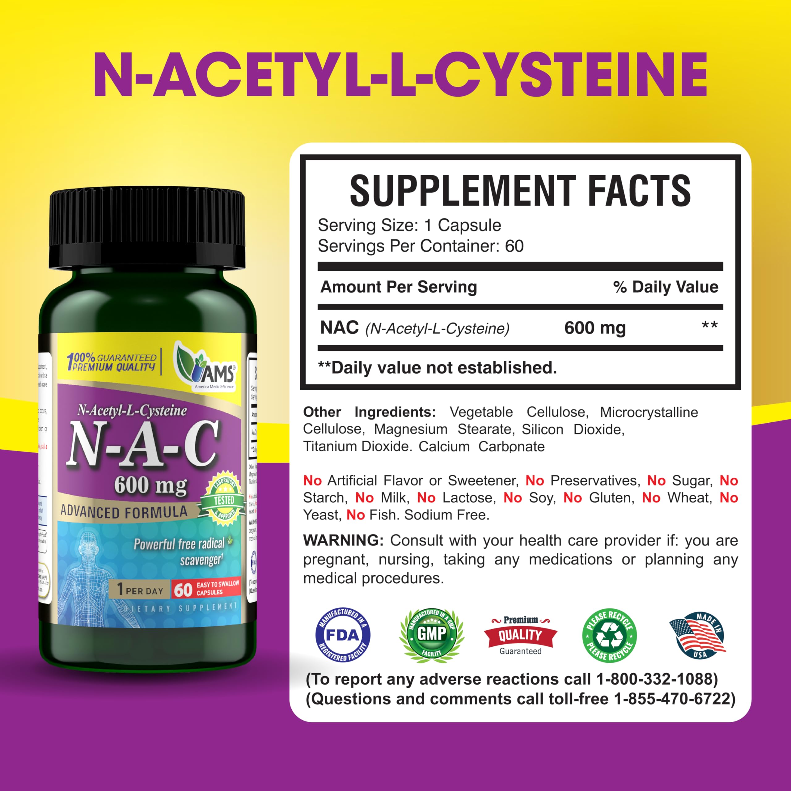 America Medic & Science NAC 600mg – NAC for Lung Health, Immune Support & Liver Health | 60 Capsules (Pack of 3)
