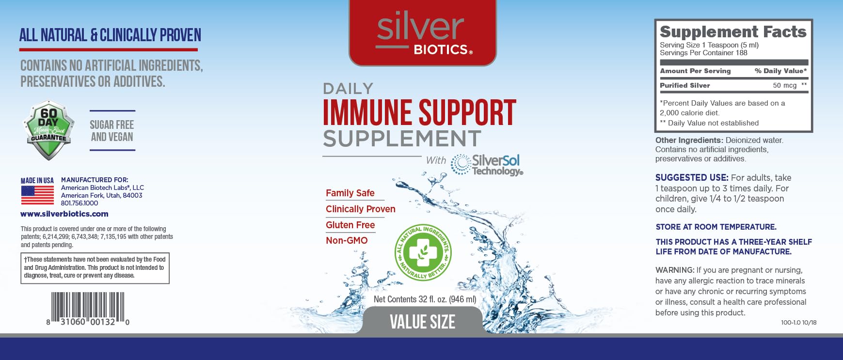 Silver Biotics Advanced Silver Technology with SilverSol Ag4O4 10 PPM – 32 Fl Oz (Pack of 2) | Immune Support