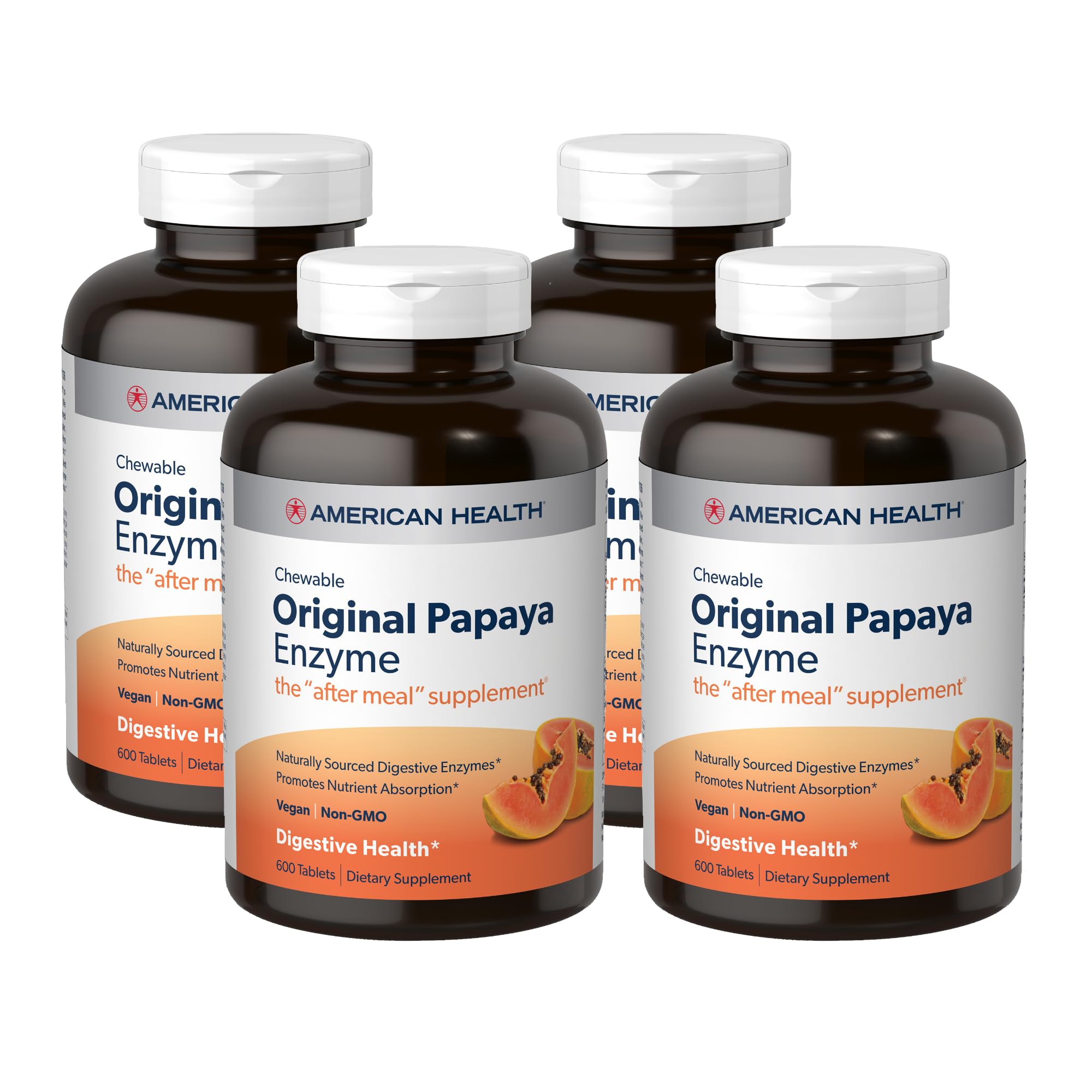 American Health Original Papaya Enzyme - 600 Chewable Tablets, Pack of 4 - After-Meal Digestive Support, Non-GMO, Vegan, 800 Total Servings