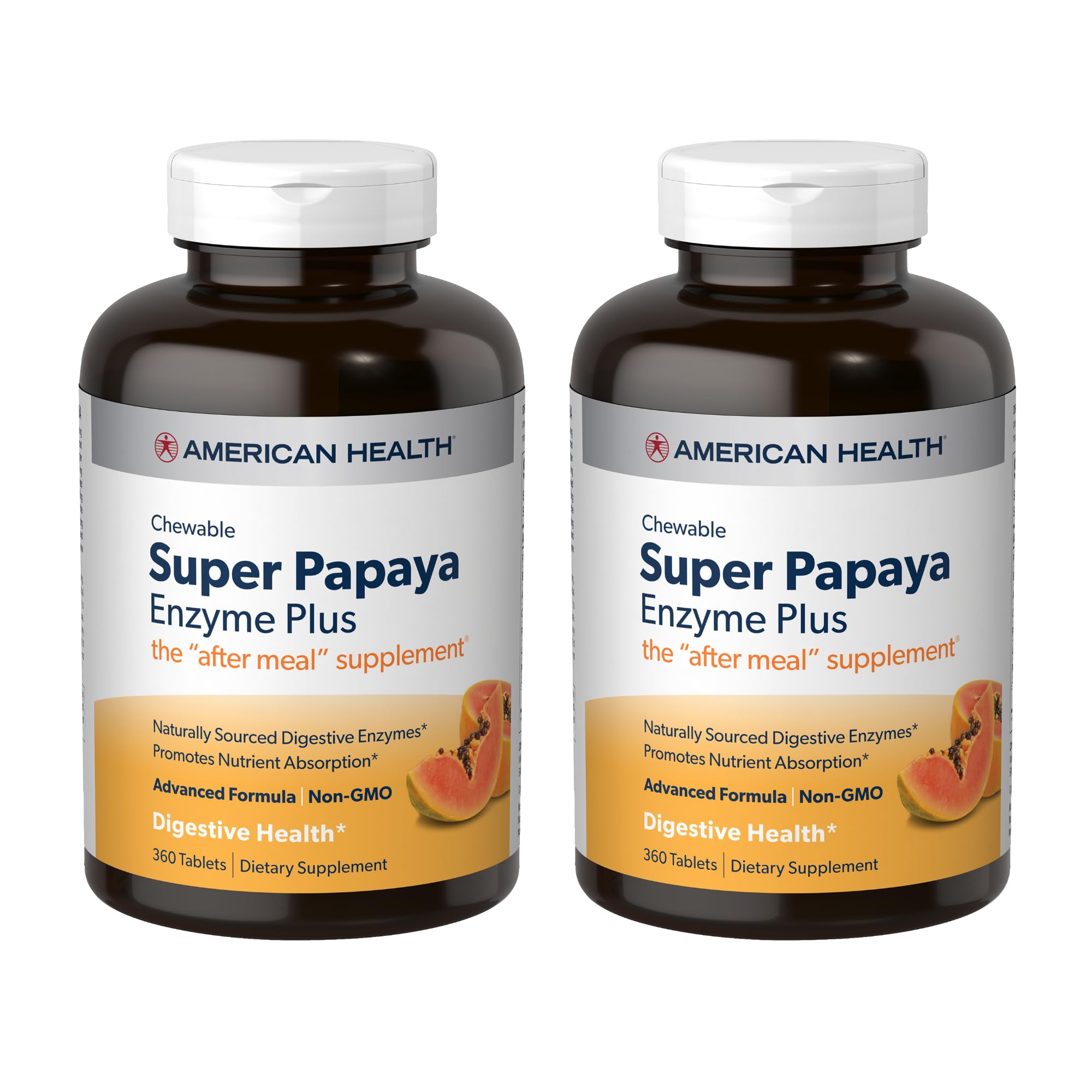 American Health Super Papaya Enzyme Plus - 360 Chewable Tablets, Pack of 2, After-Meal Digestive Support, Non-GMO, 240 Total Servings