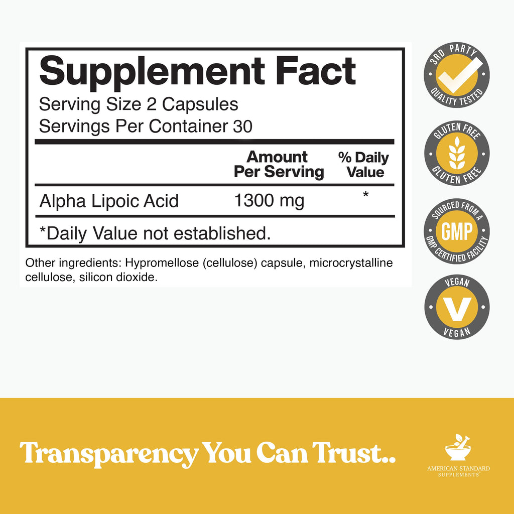 American Standard Supplements Alpha Lipoic Acid 1300mg Per Serving - Vegan, Gluten Free, Non-GMO, 60 Capsules, 30 Servings (Pack of 2)