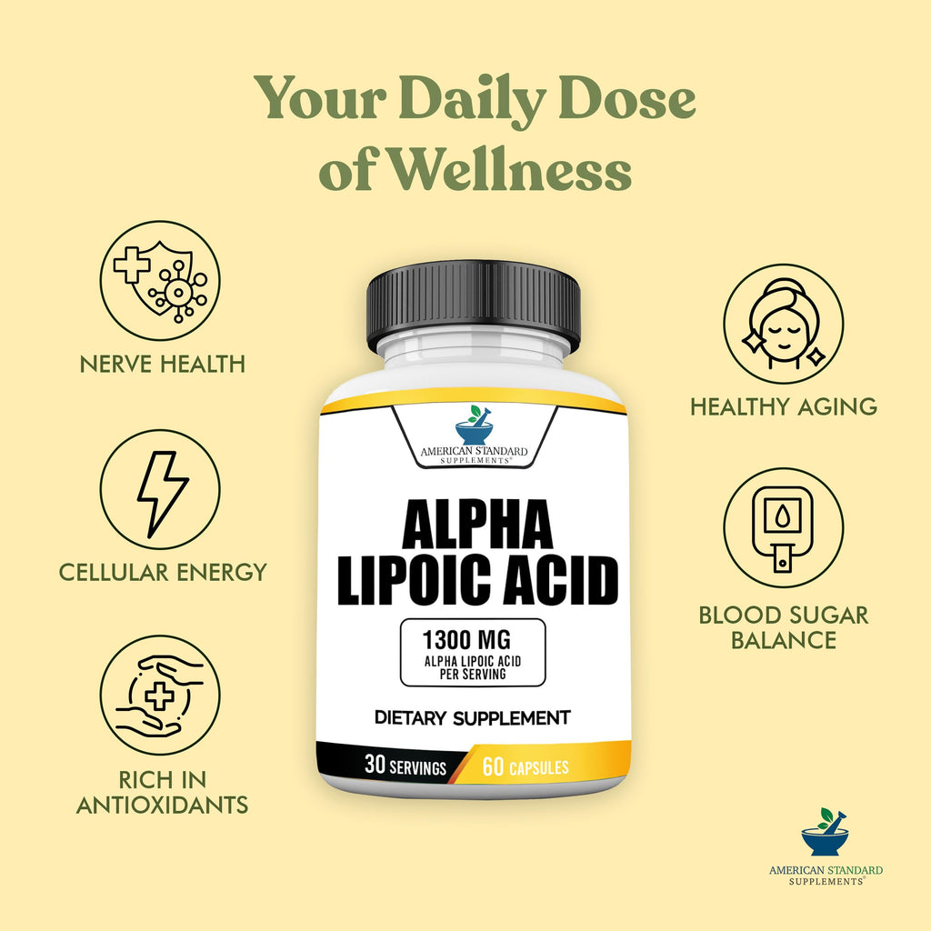 American Standard Supplements Alpha Lipoic Acid 1300mg Per Serving - Vegan, Gluten Free, Non-GMO, 60 Capsules, 30 Servings (Pack of 2)