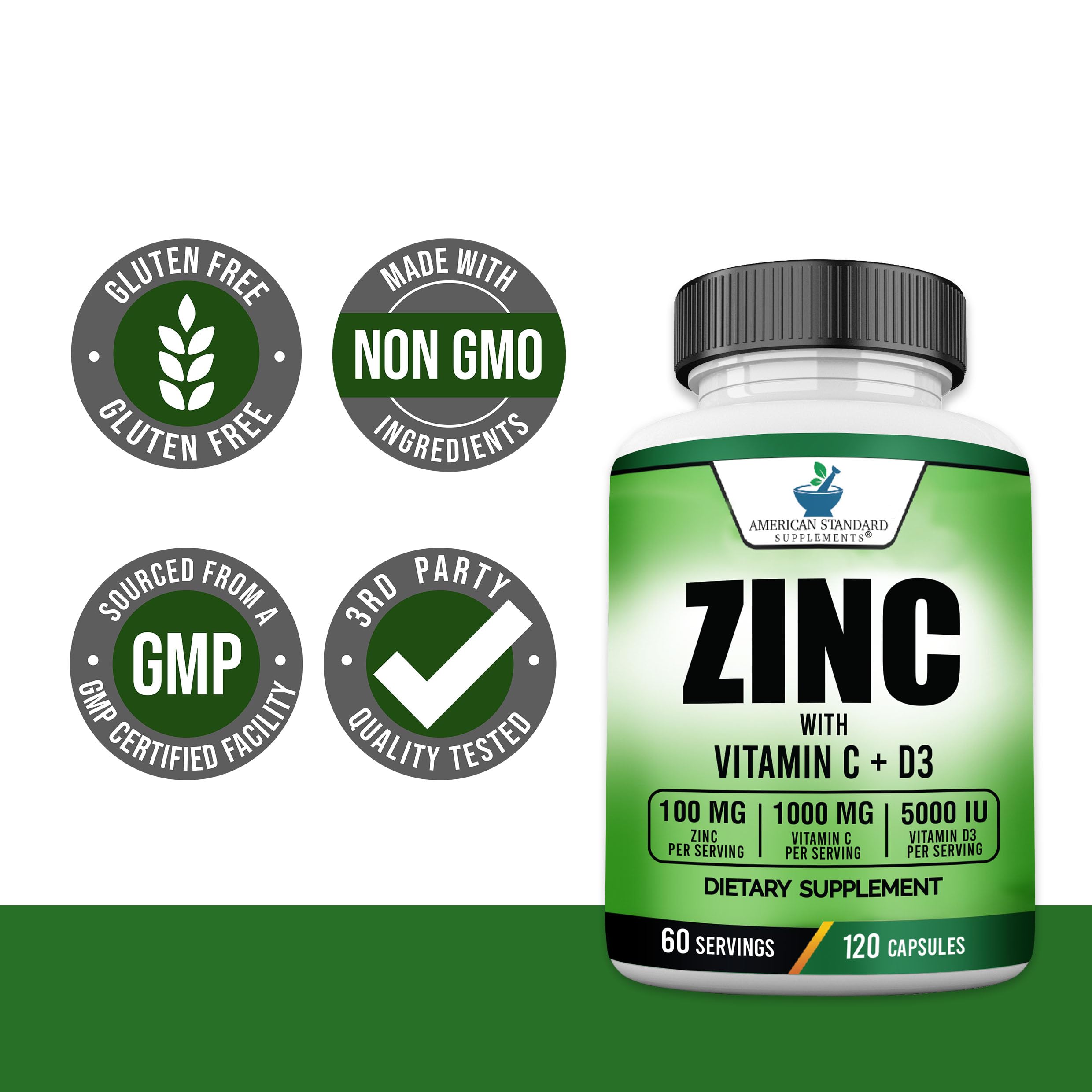 Zinc 100mg + Vitamin C 1000mg + Vitamin D3 5000 IU — 120 Gluten-Free Capsules (60 Servings) | American Standard