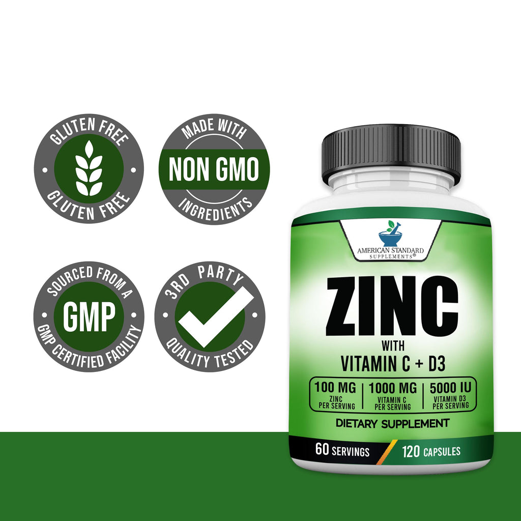 Zinc 100mg + Vitamin C 1000mg + Vitamin D3 5000 IU — 120 Gluten-Free Capsules (60 Servings) | American Standard