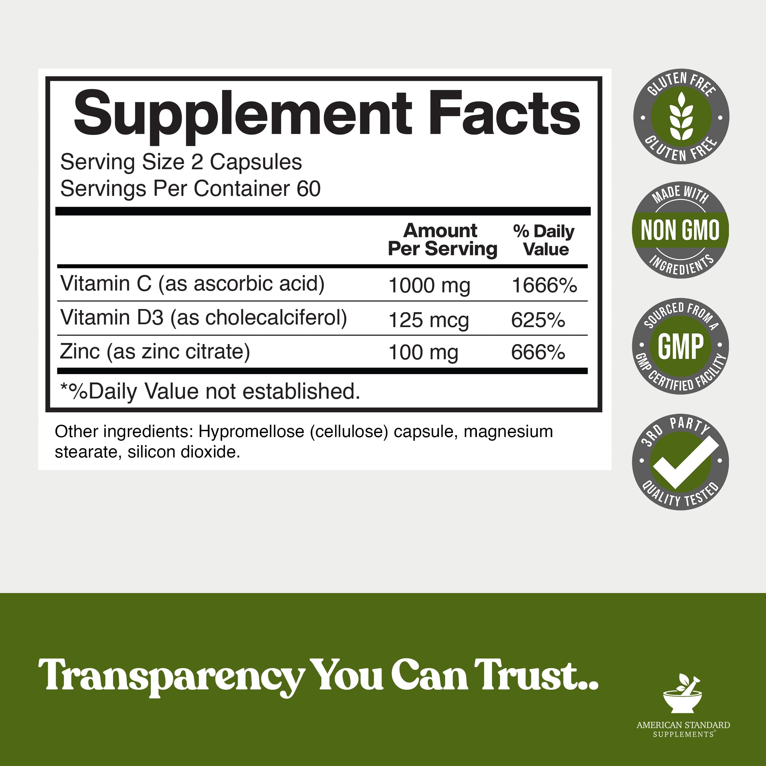 Zinc 100mg + Vitamin C 1000mg + Vitamin D3 5000 IU — 120 Gluten-Free Capsules (60 Servings) | American Standard