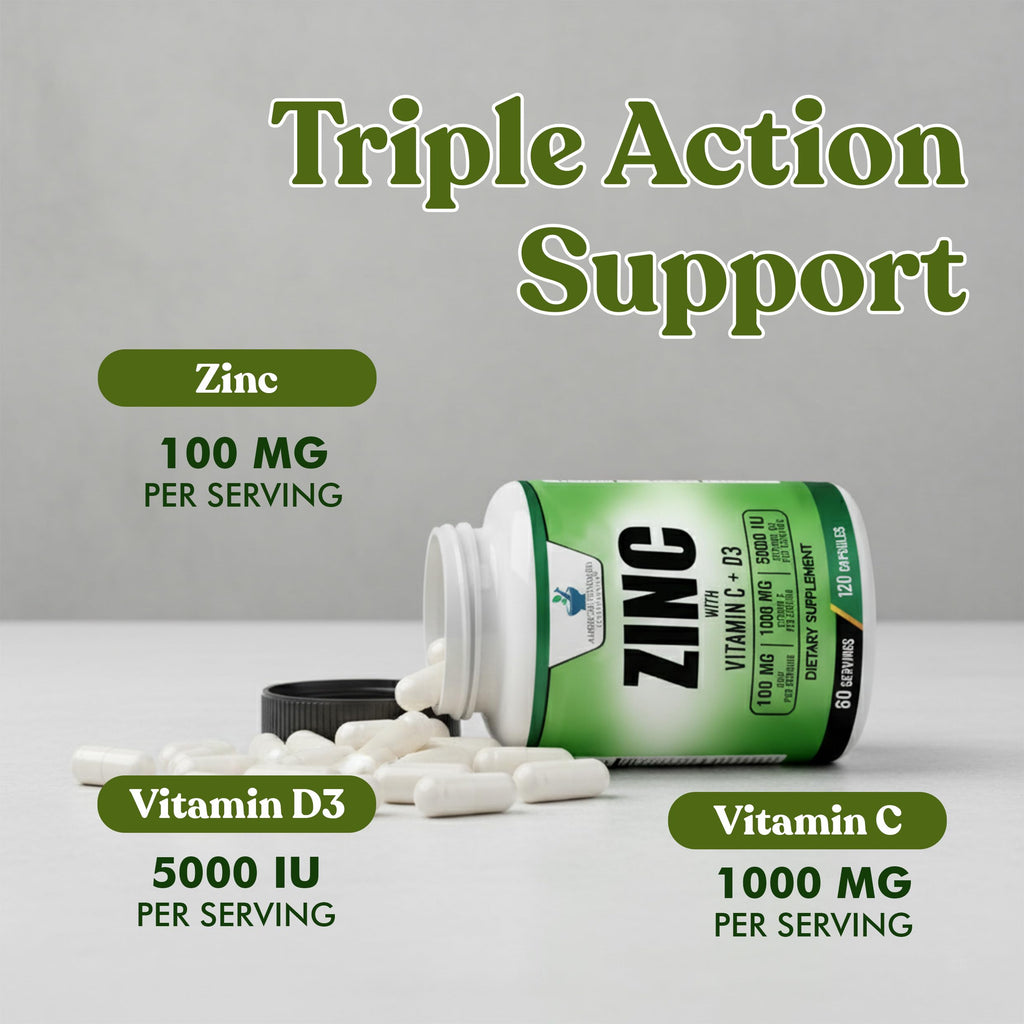Zinc 100mg + Vitamin C 1000mg + Vitamin D3 5000 IU — 120 Gluten-Free Capsules (60 Servings) | American Standard