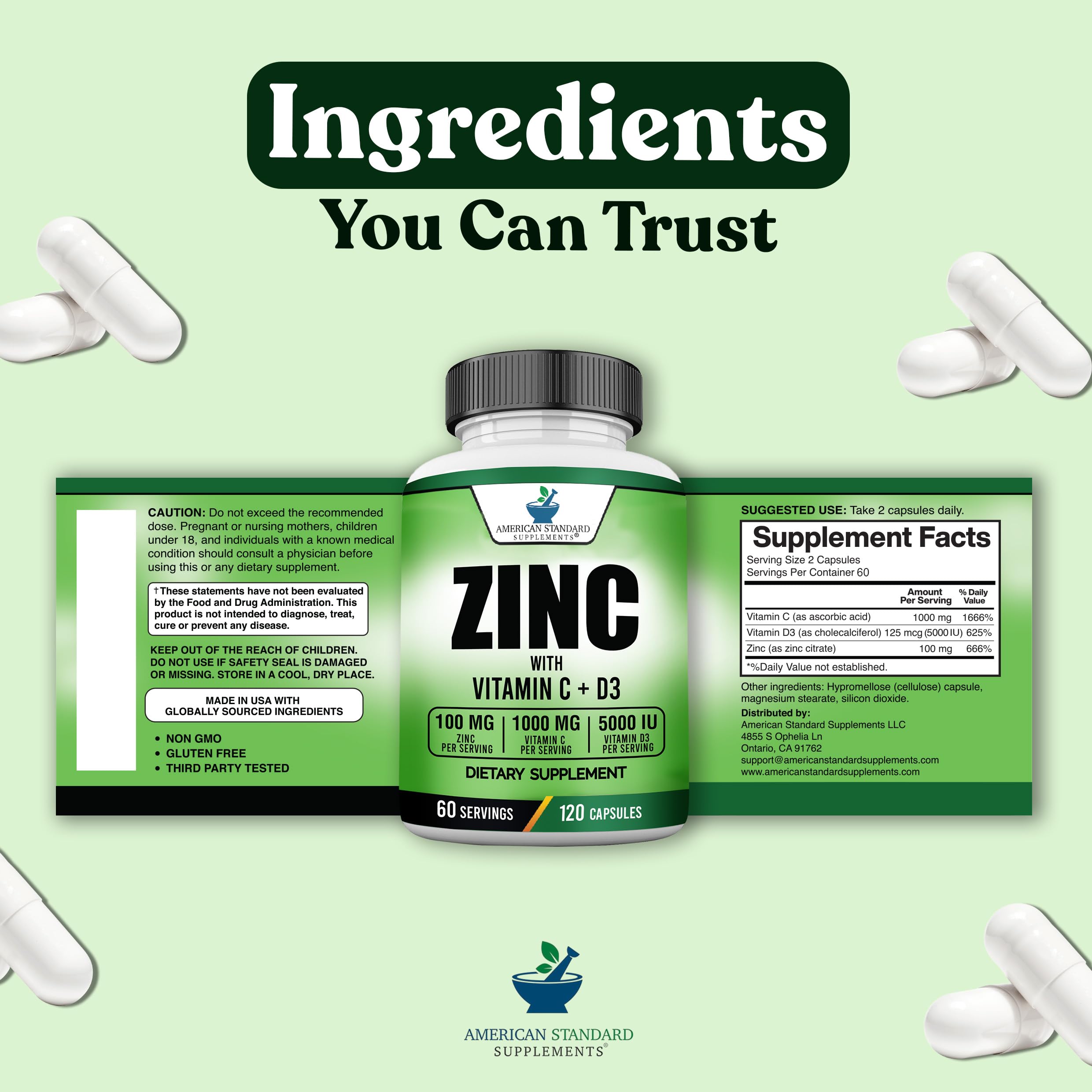 Zinc 100mg + Vitamin C 1000mg + Vitamin D3 5000 IU — 120 Gluten-Free Capsules (60 Servings) | American Standard