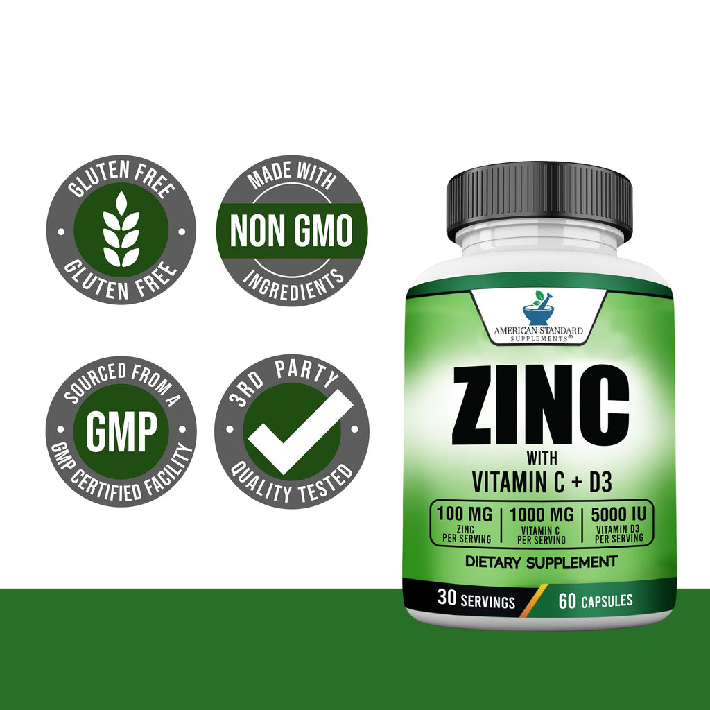 American Standard Zinc 100mg, Vitamin C 1000mg, D3 5000 IU – 60 Capsules (Gluten Free, Non-GMO)