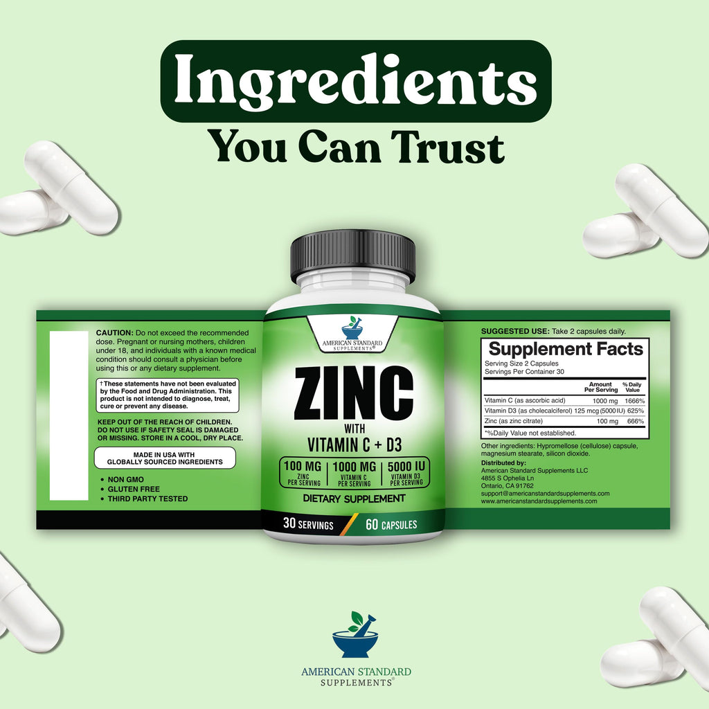 American Standard Zinc 100mg, Vitamin C 1000mg, D3 5000 IU – 60 Capsules (Gluten Free, Non-GMO)