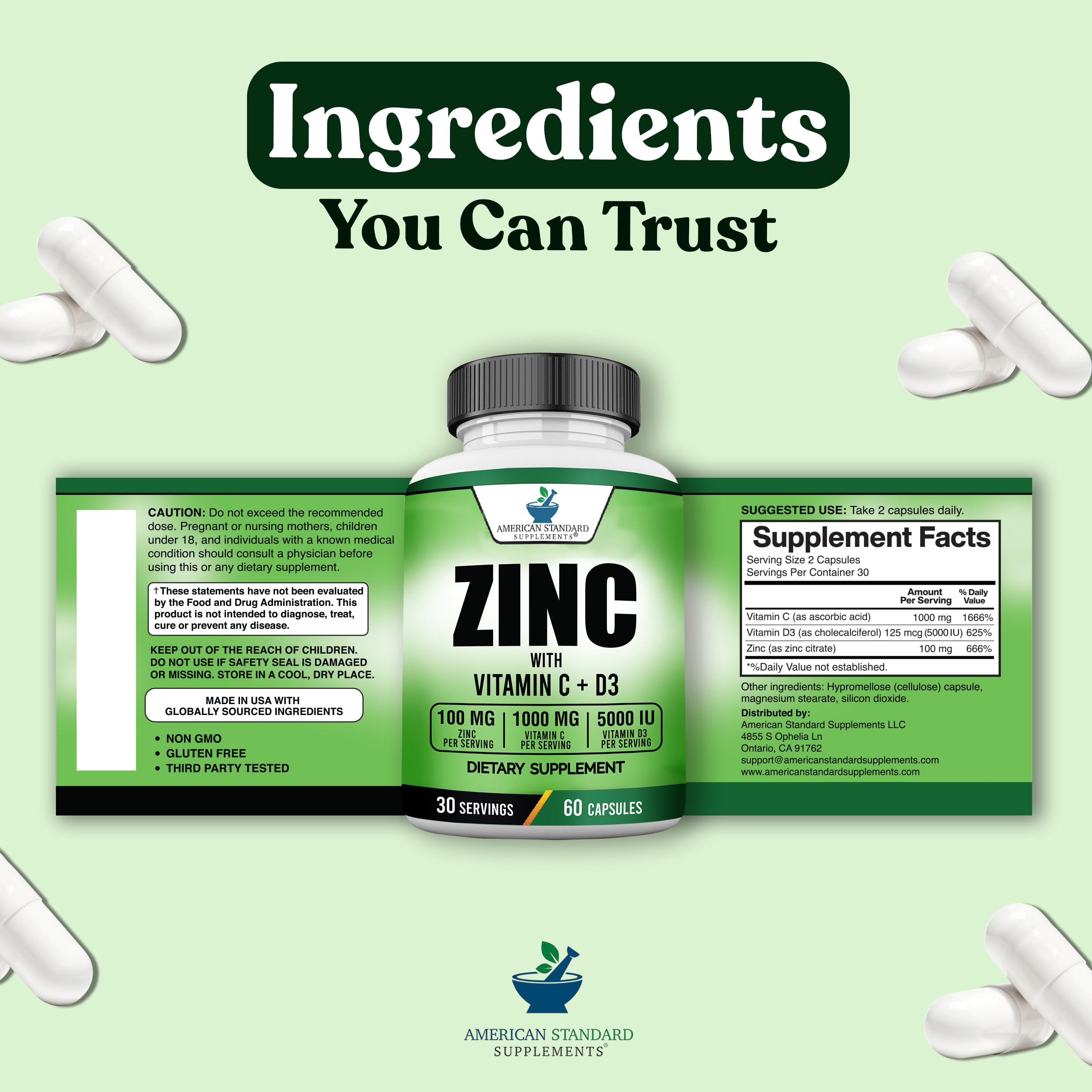 American Standard Zinc 100mg, Vitamin C 1000mg, D3 5000 IU – 60 Capsules (Gluten Free, Non-GMO)